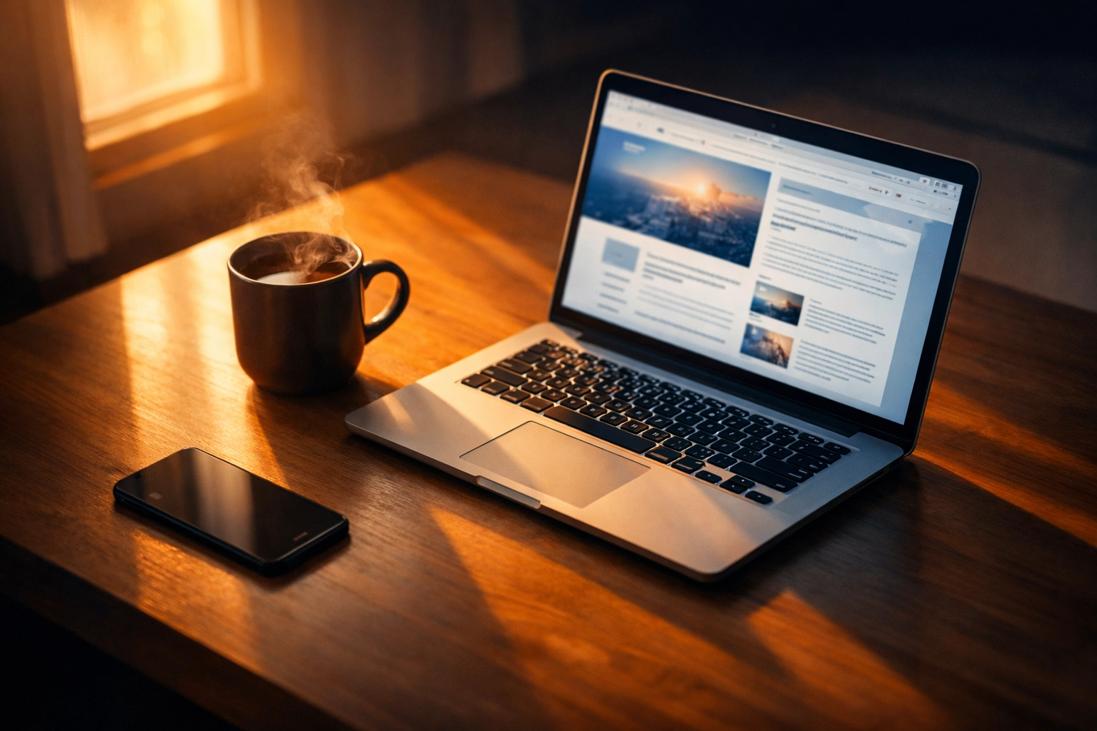 Morning desk with coffee and laptop displaying news at dawn before 6 AM