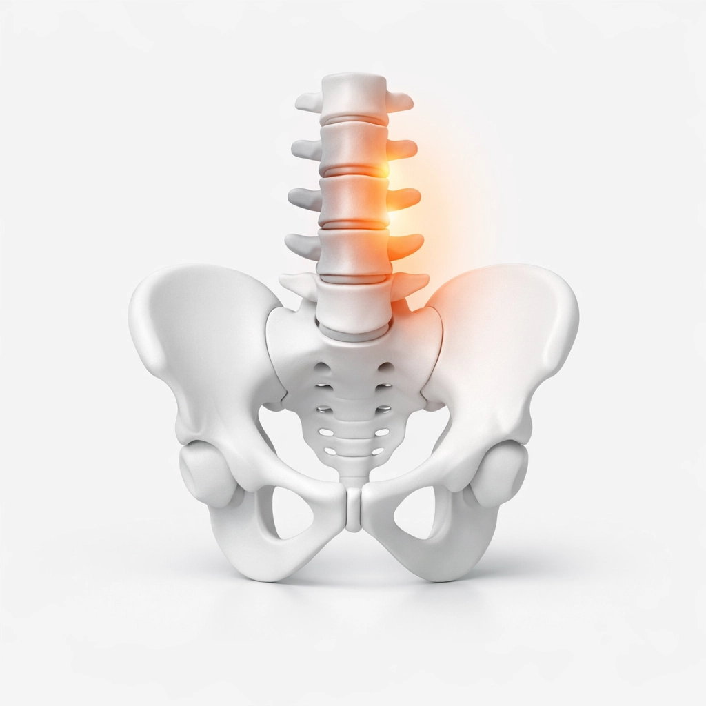Human spine and pelvis model showing nerve irritation and tension caused by body imbalance.