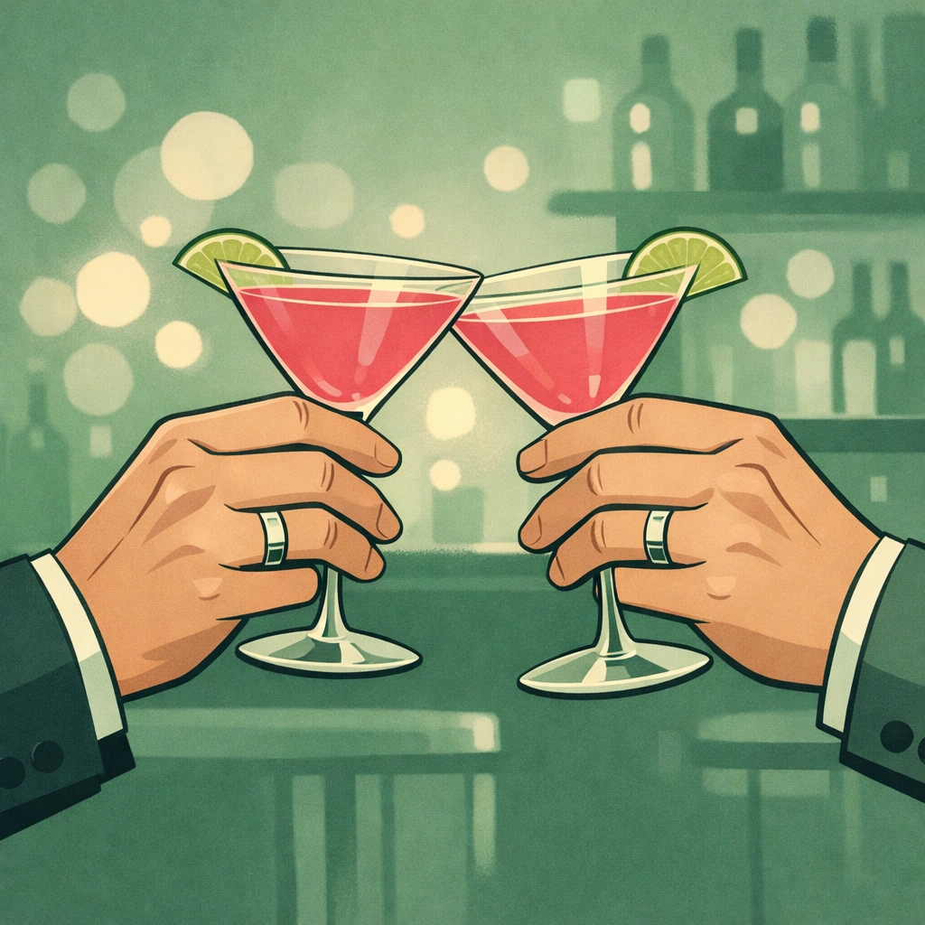 Two men toasting with pink Cosmopolitan cocktails celebrating LGBTQ+ identity and culture