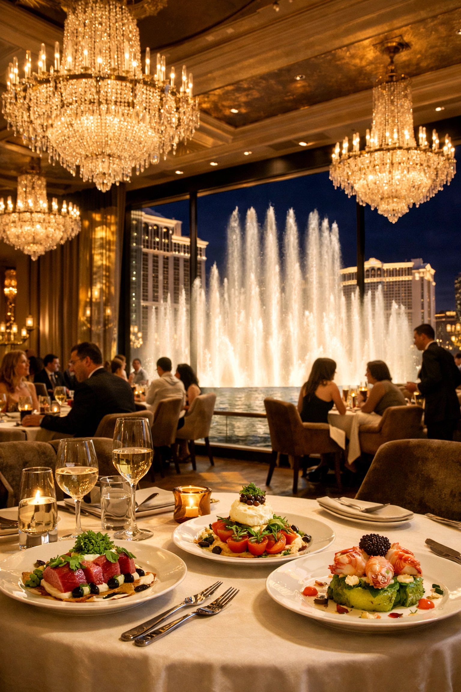 Elegant Las Vegas restaurant interior overlooking the Bellagio fountains during evening dinner hours.