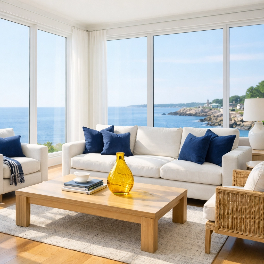 Clean, modern coastal living room in Rockport, MA, after a professional residential cleaning service.