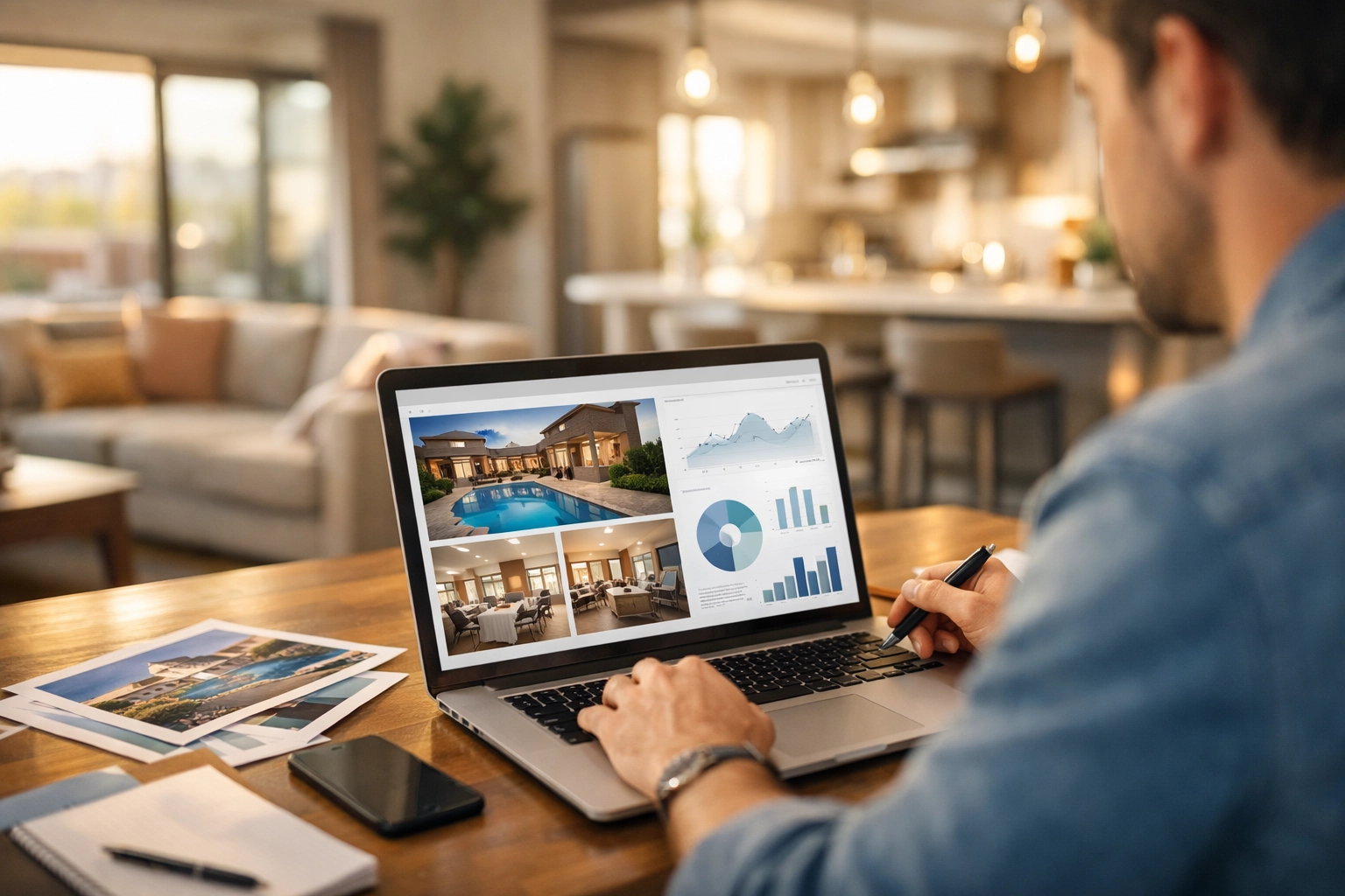 AI-driven real estate marketing workspace in a modern Arizona home interior