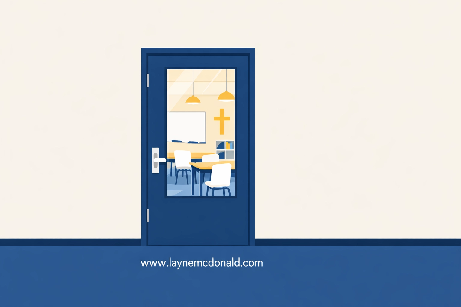 A vector illustration of a church classroom door with a clear glass window, symbolizing safety and transparency.