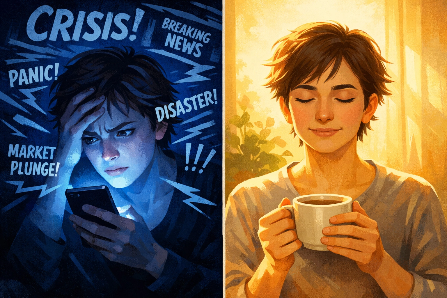 Split comparison showing stressed news scrolling versus calm peaceful morning coffee routine