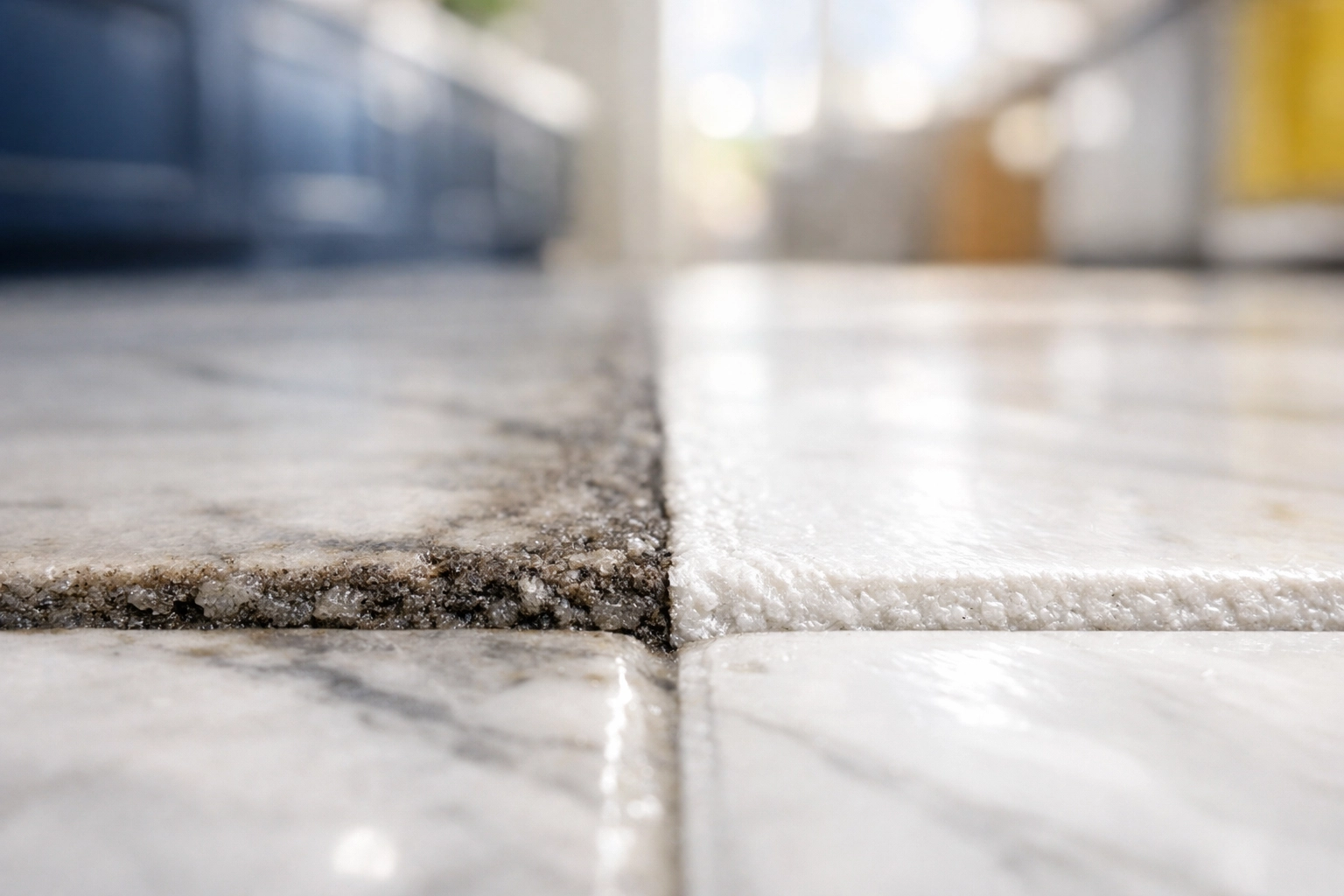 Close-up of stained kitchen tile grout being cleaned to bright white on a marble floor.