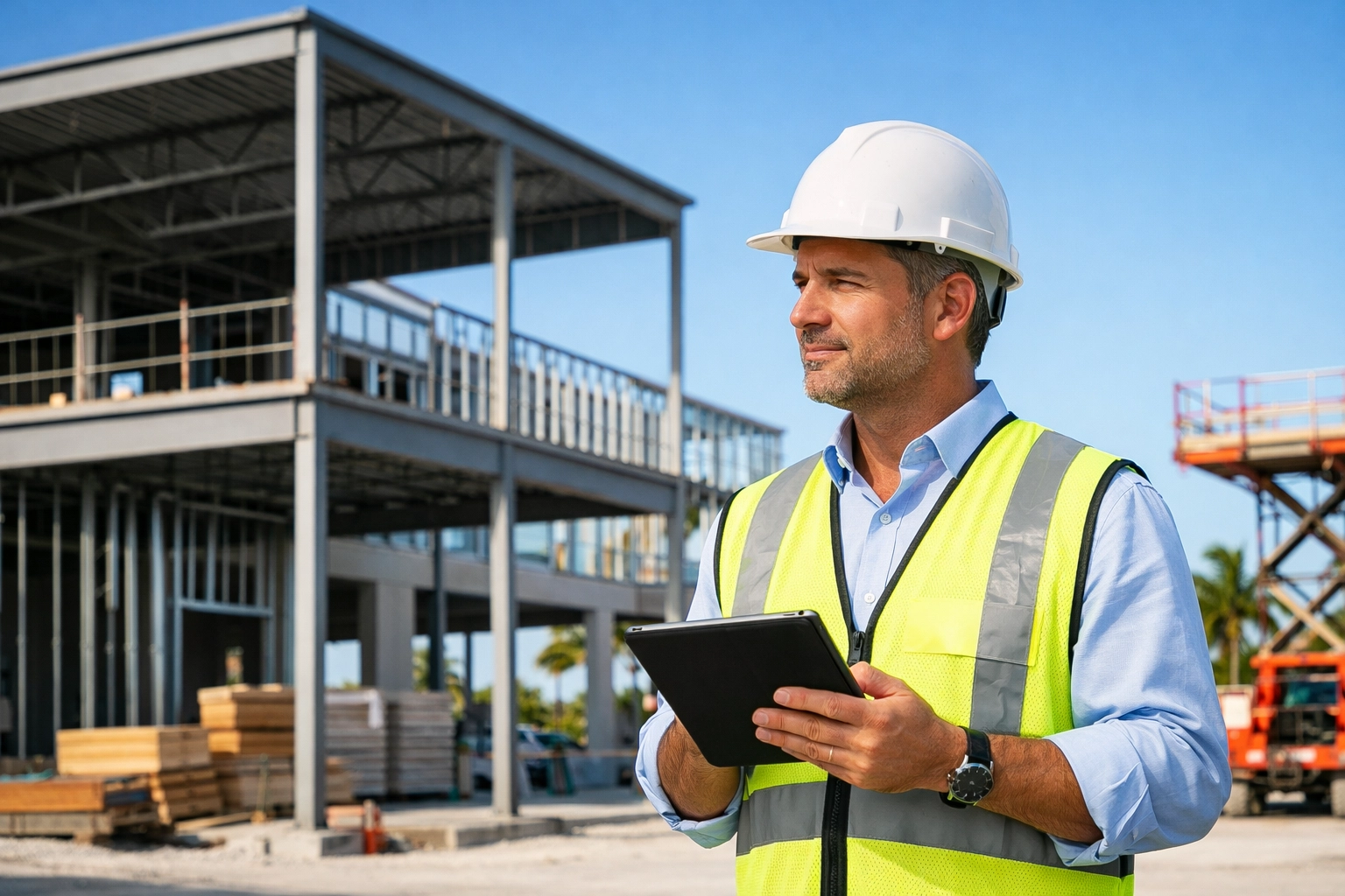 Project manager performing construction management South Florida on a modern commercial job site.
