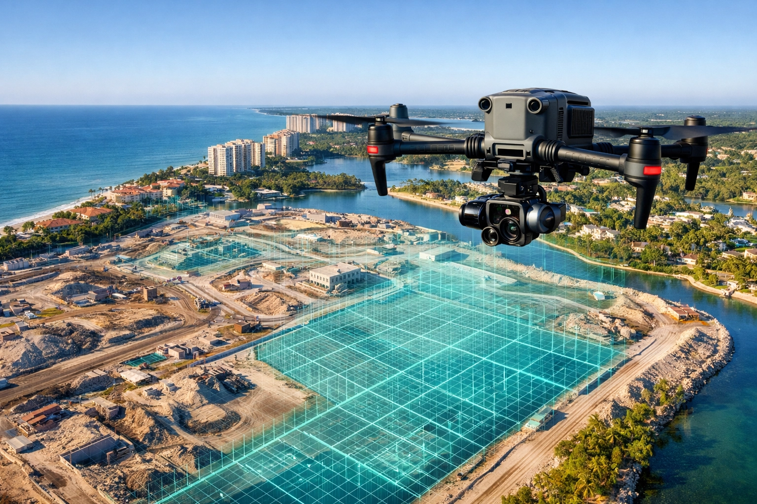 Professional drone conducting precision aerial mapping and 3D modeling at a Southwest Florida construction site.
