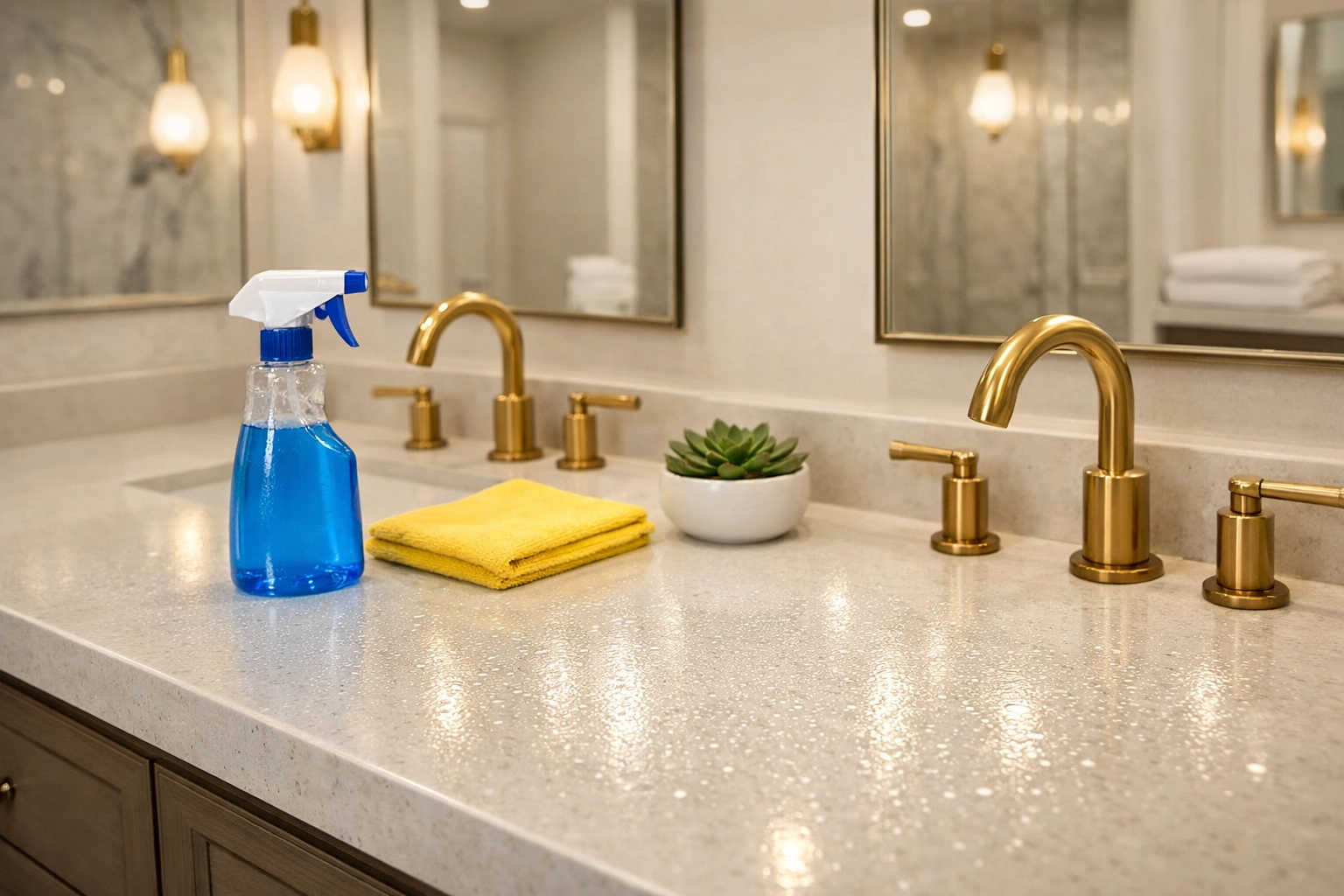 Proper sanitizing of a luxury bathroom vanity for thorough apartment cleaning in Marlborough.