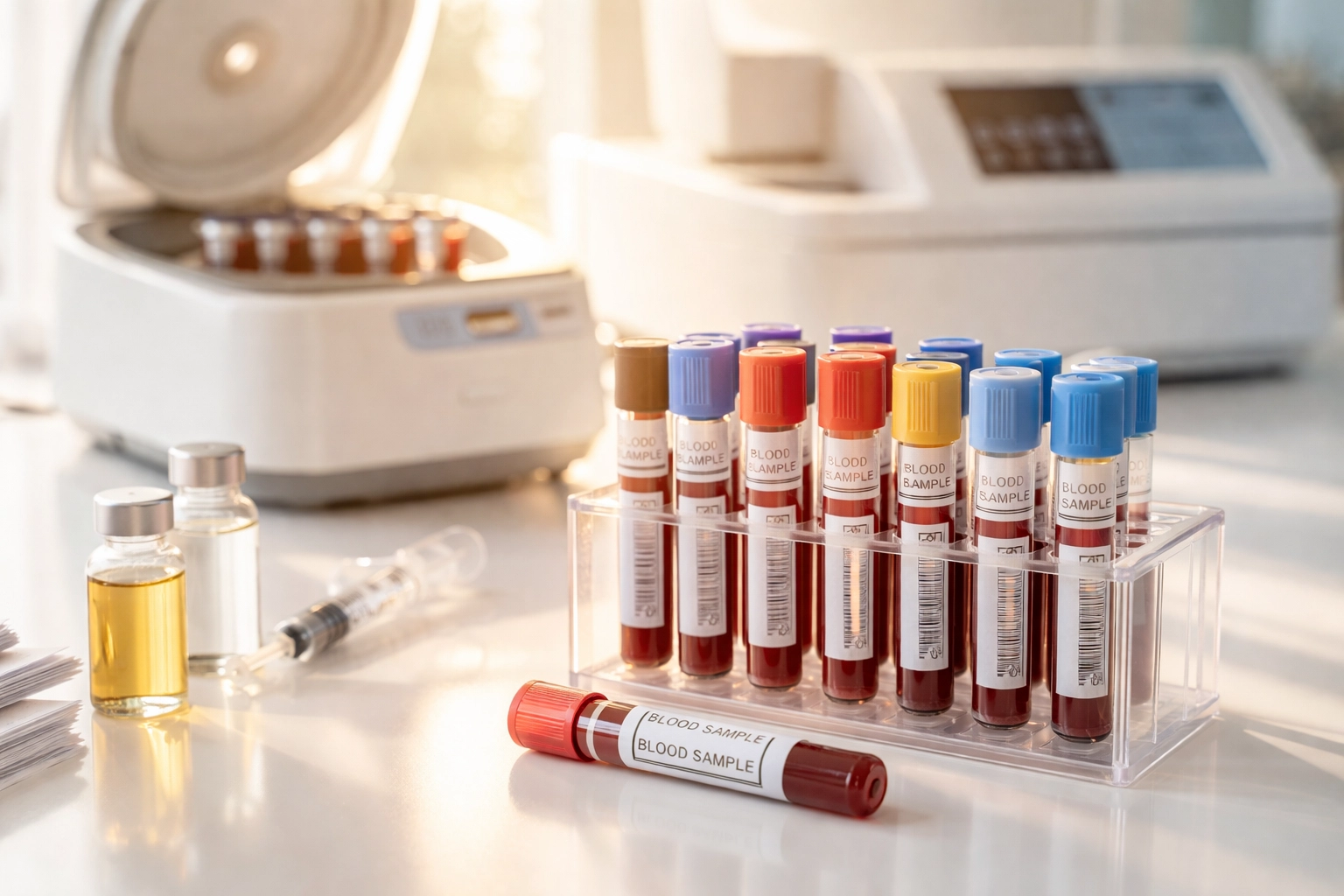 Close-up of diagnostic lab equipment and blood samples for preventive health testing in Coral Gables