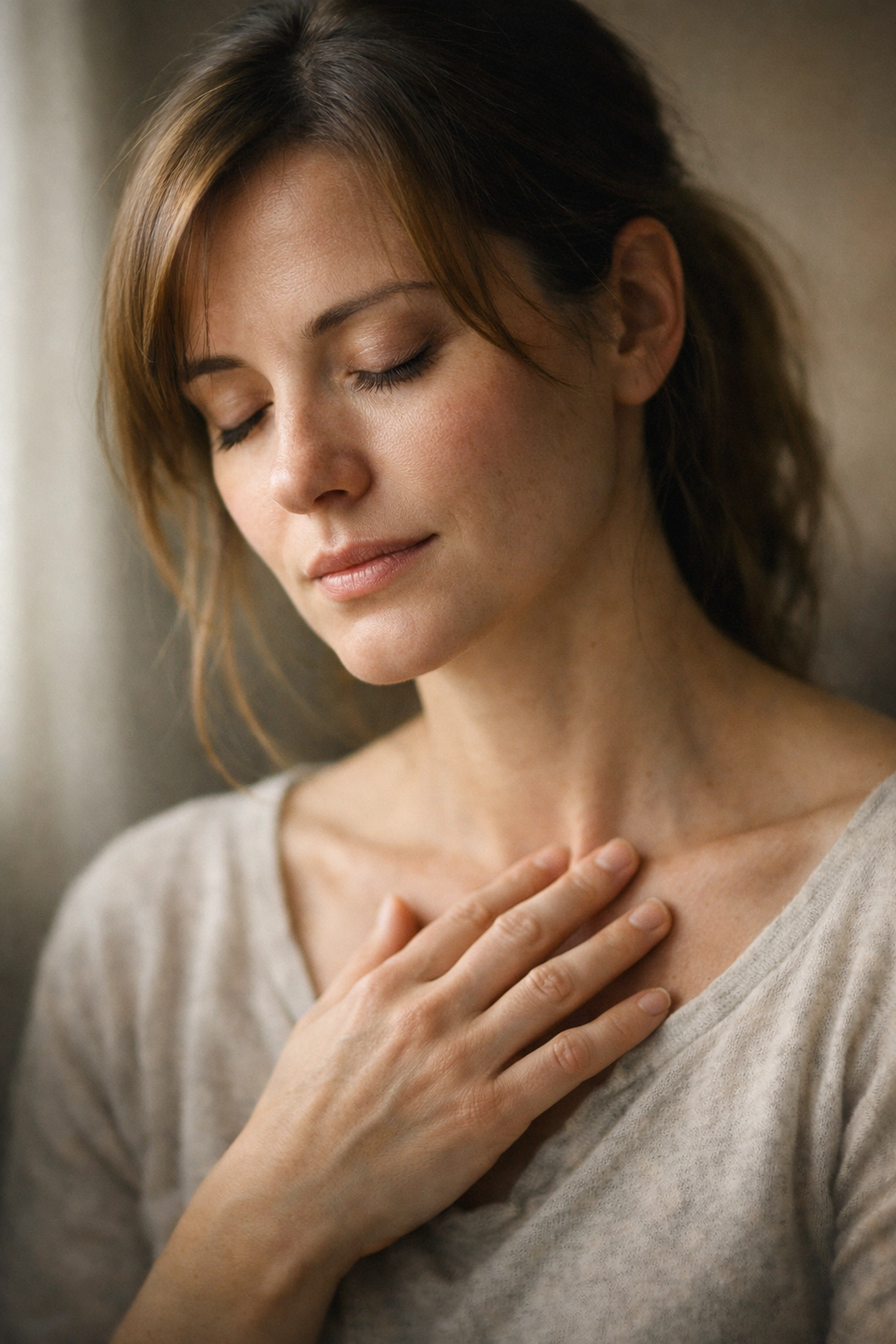 Woman with hand on chest showing emotional self-awareness and introspection