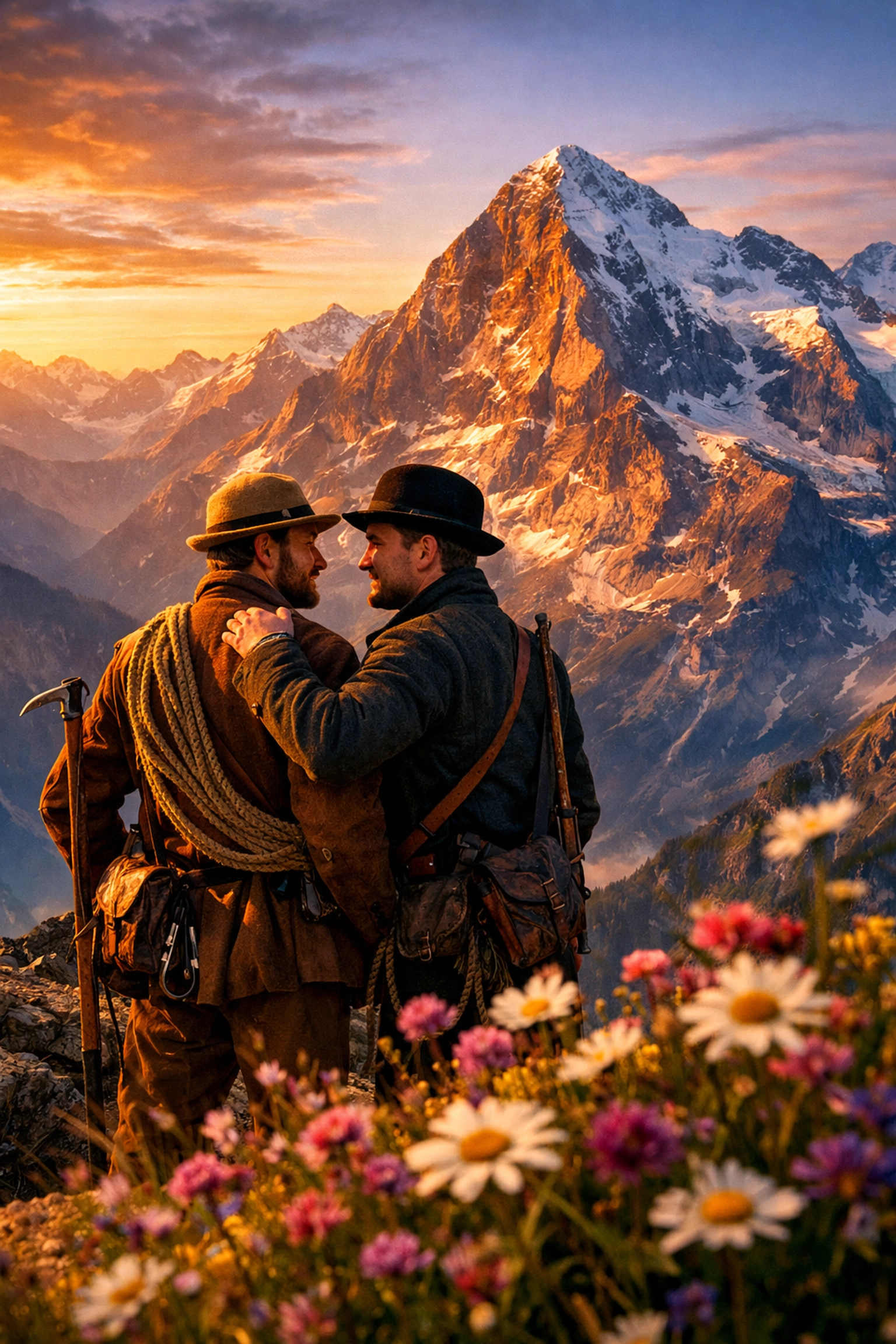 Victorian-era gay couple on Swiss Alpine mountain summit