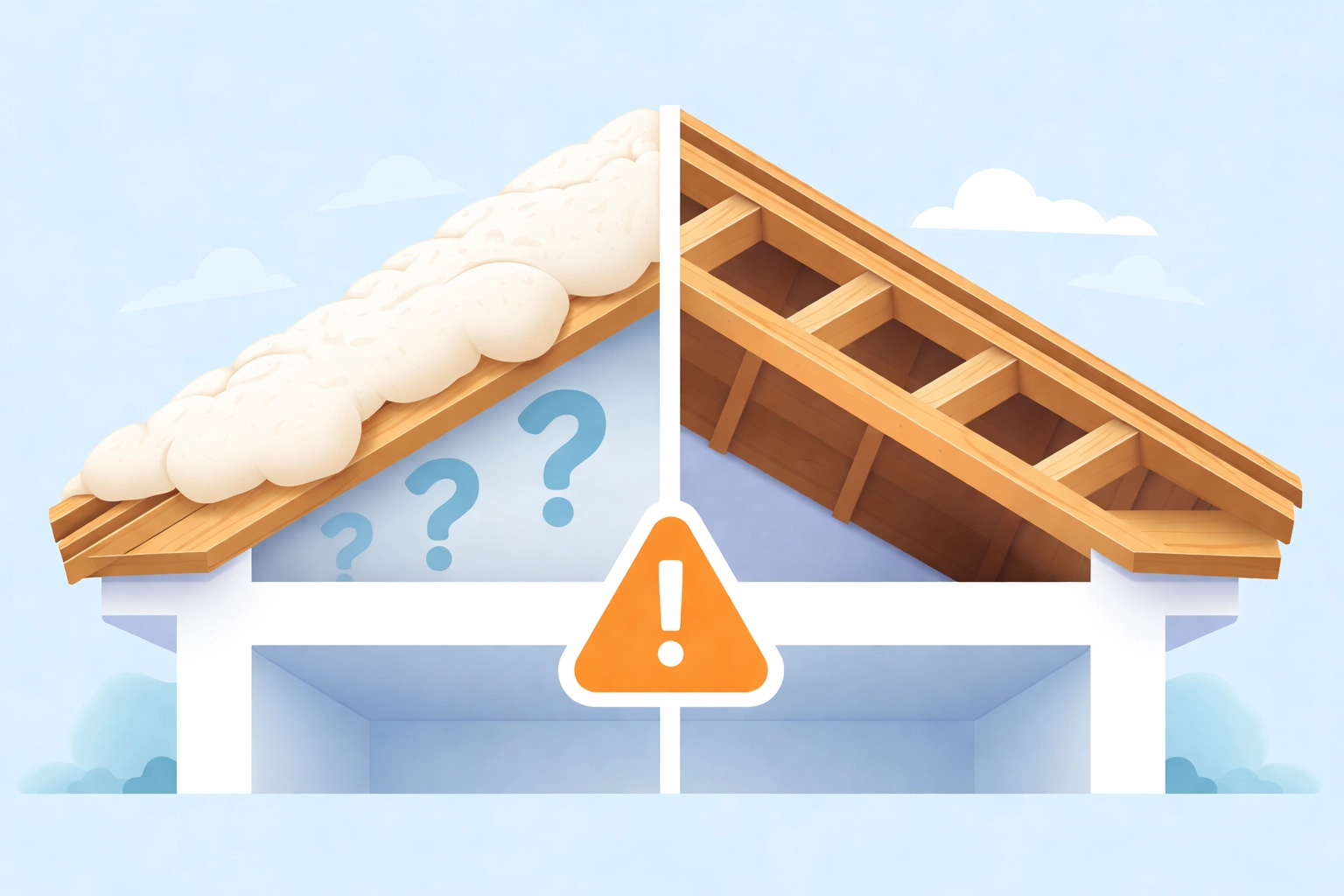 Cross-section of house roof showing spray foam insulation hiding roof beams, highlighting surveyor concerns