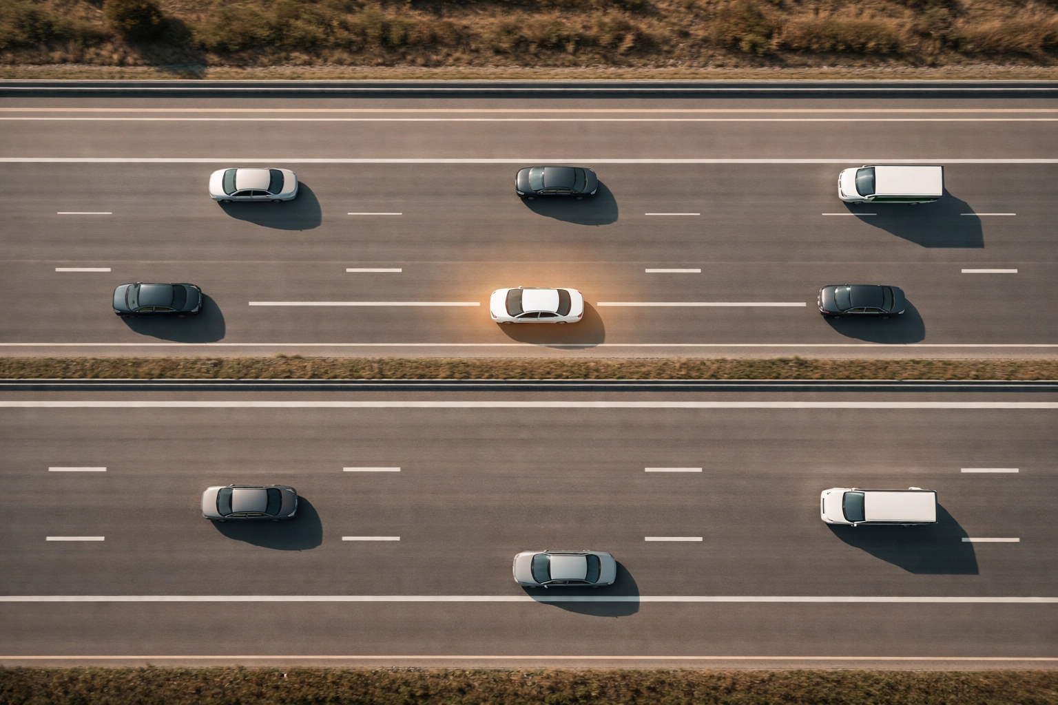 A highway aerial view showing vehicles spaced safely apart, highlighting safe following distance for fleet drivers.