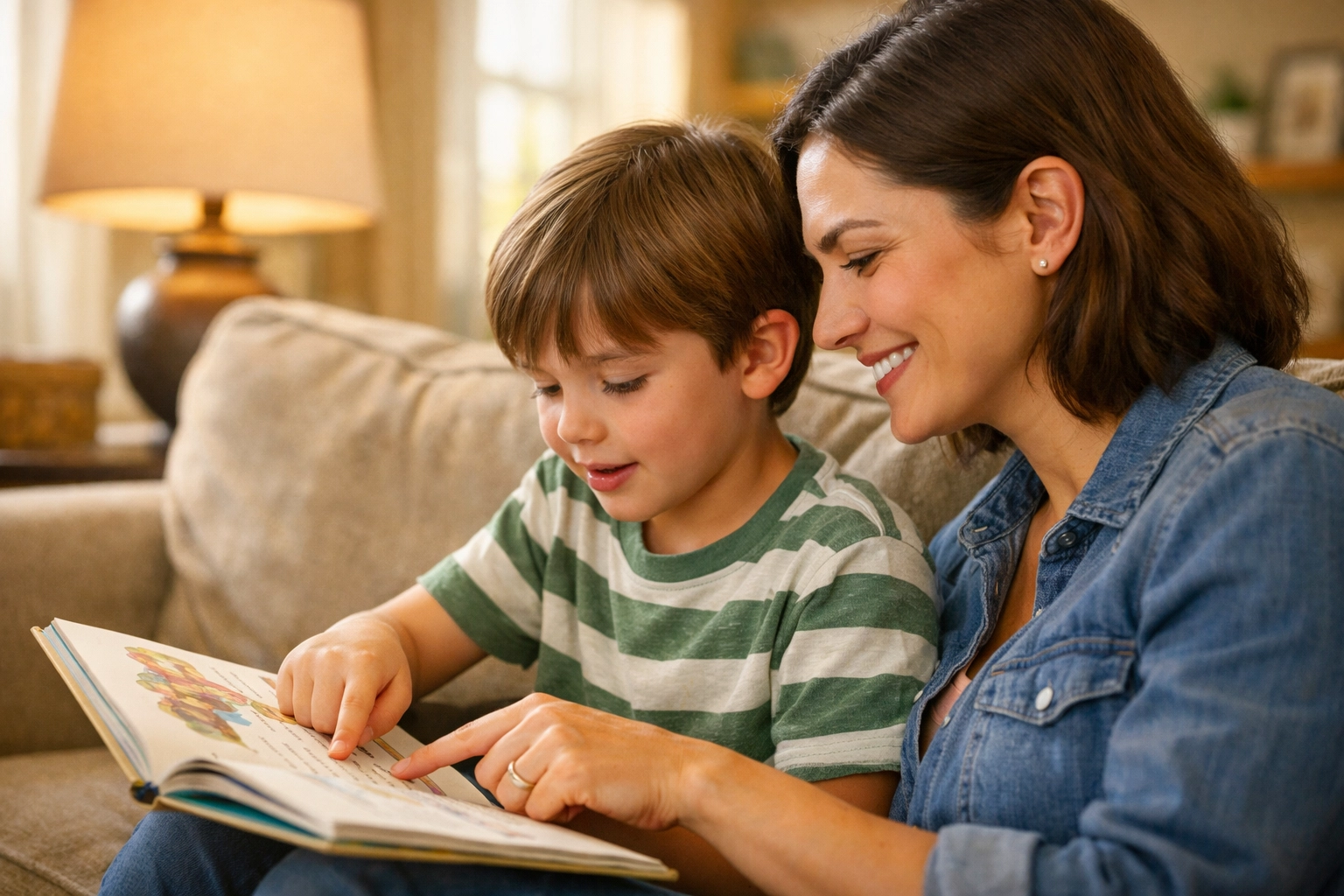 Parent and child reading together at home to support literacy development
