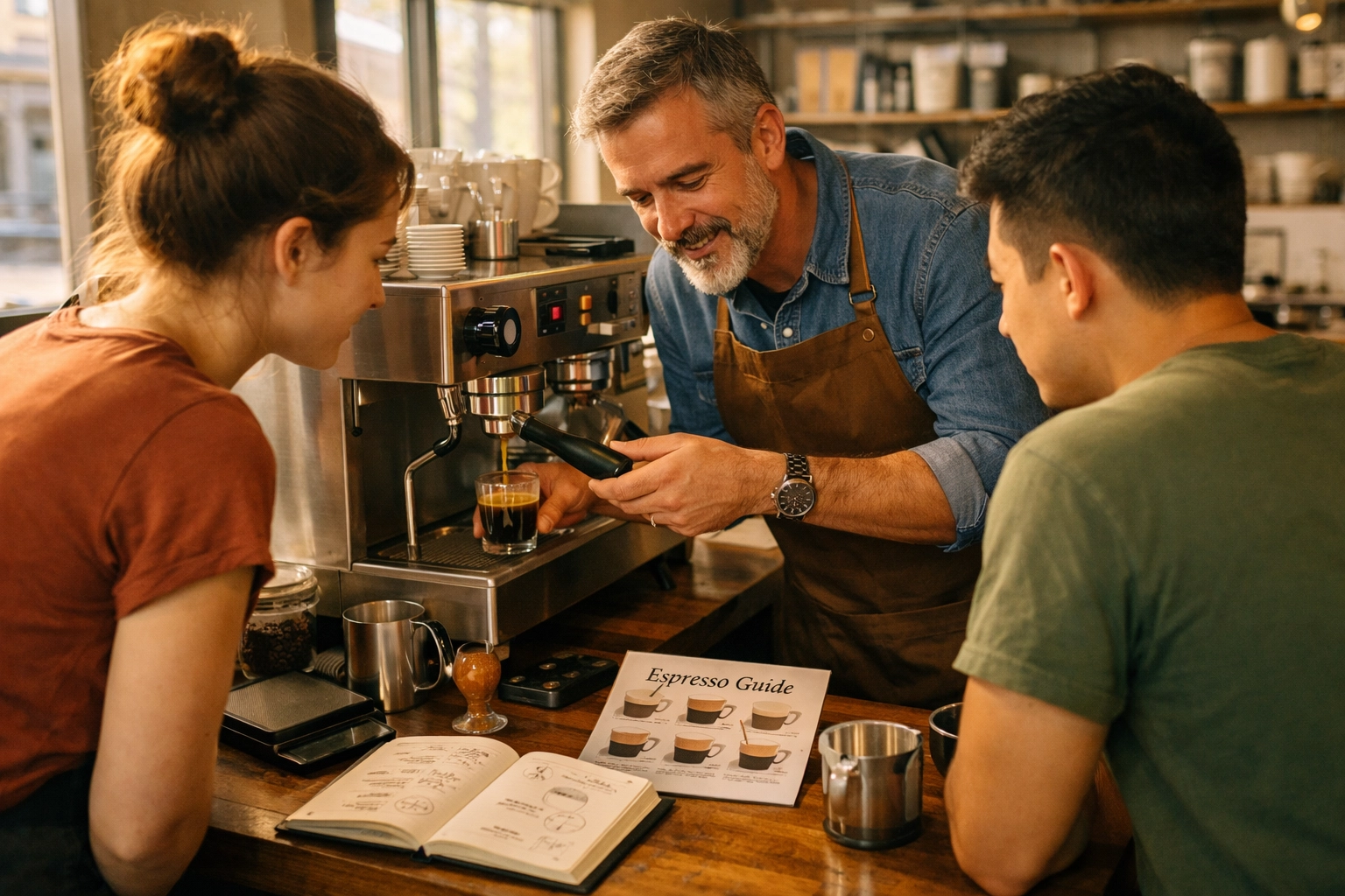 Professional barista training session with mentor teaching espresso extraction to staff