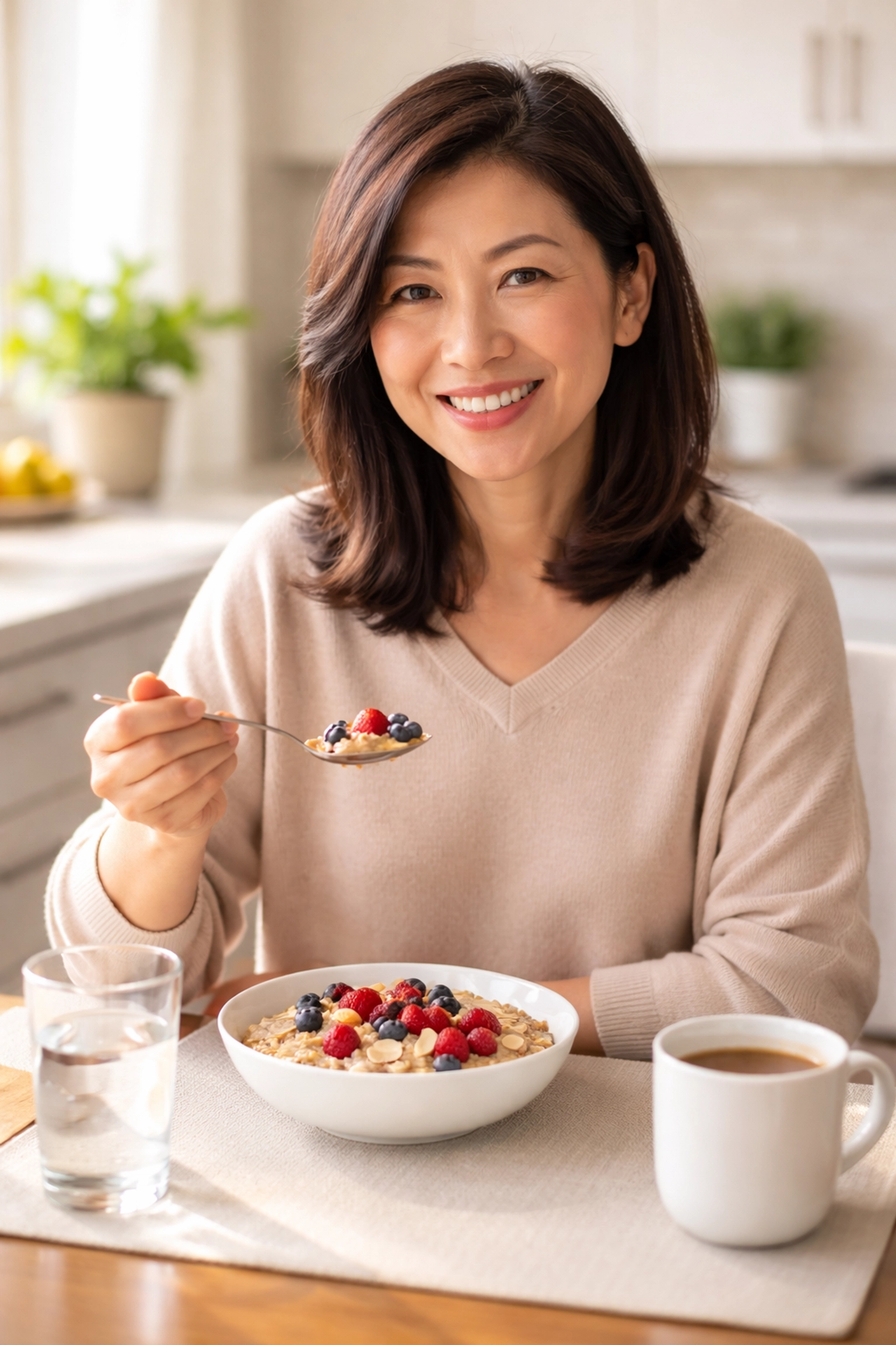 Middle-aged Asian woman enjoys a healthy breakfast of oatmeal and berries, representing the power of nutritious morning habits.