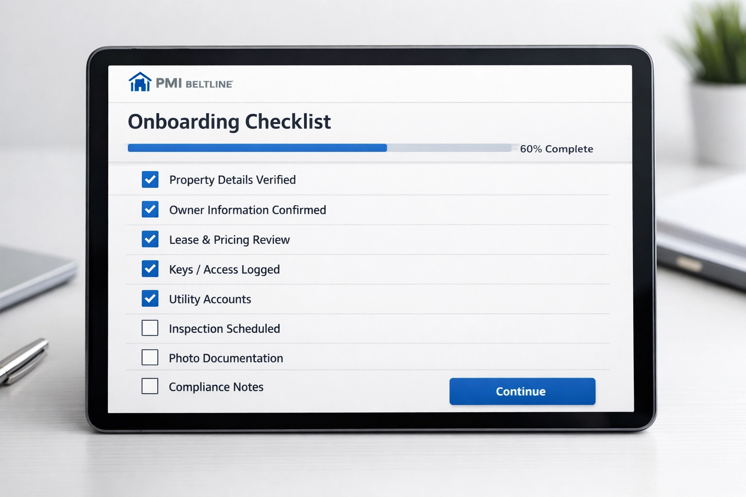 PMI Beltline’s digital onboarding checklist verifies your property details with a clean, modern step-by-step process.