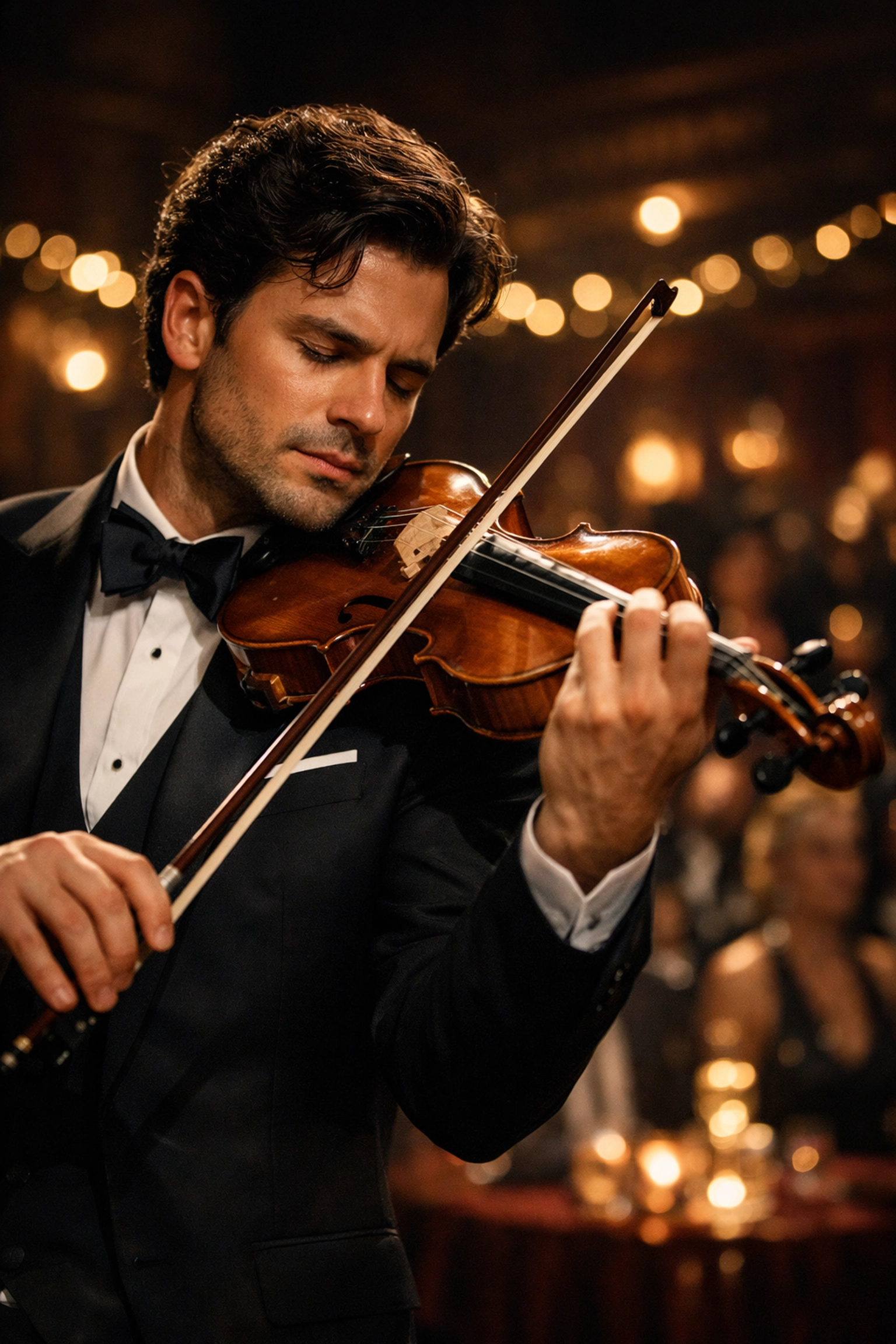 A professional violinist performing on a prestigious stage for a luxury corporate anniversary event.
