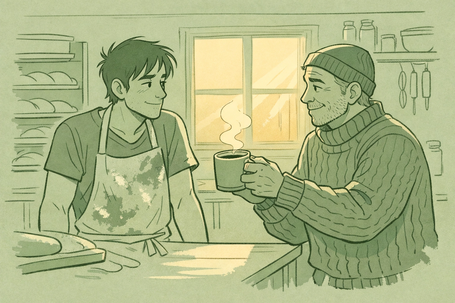 Pastry chef and fisherman share coffee in coastal bakery kitchen - MM romance scene