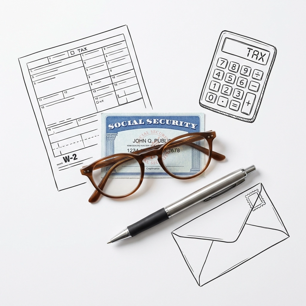 Tax preparation essentials including Social Security card, calculator, and tax forms for individuals.