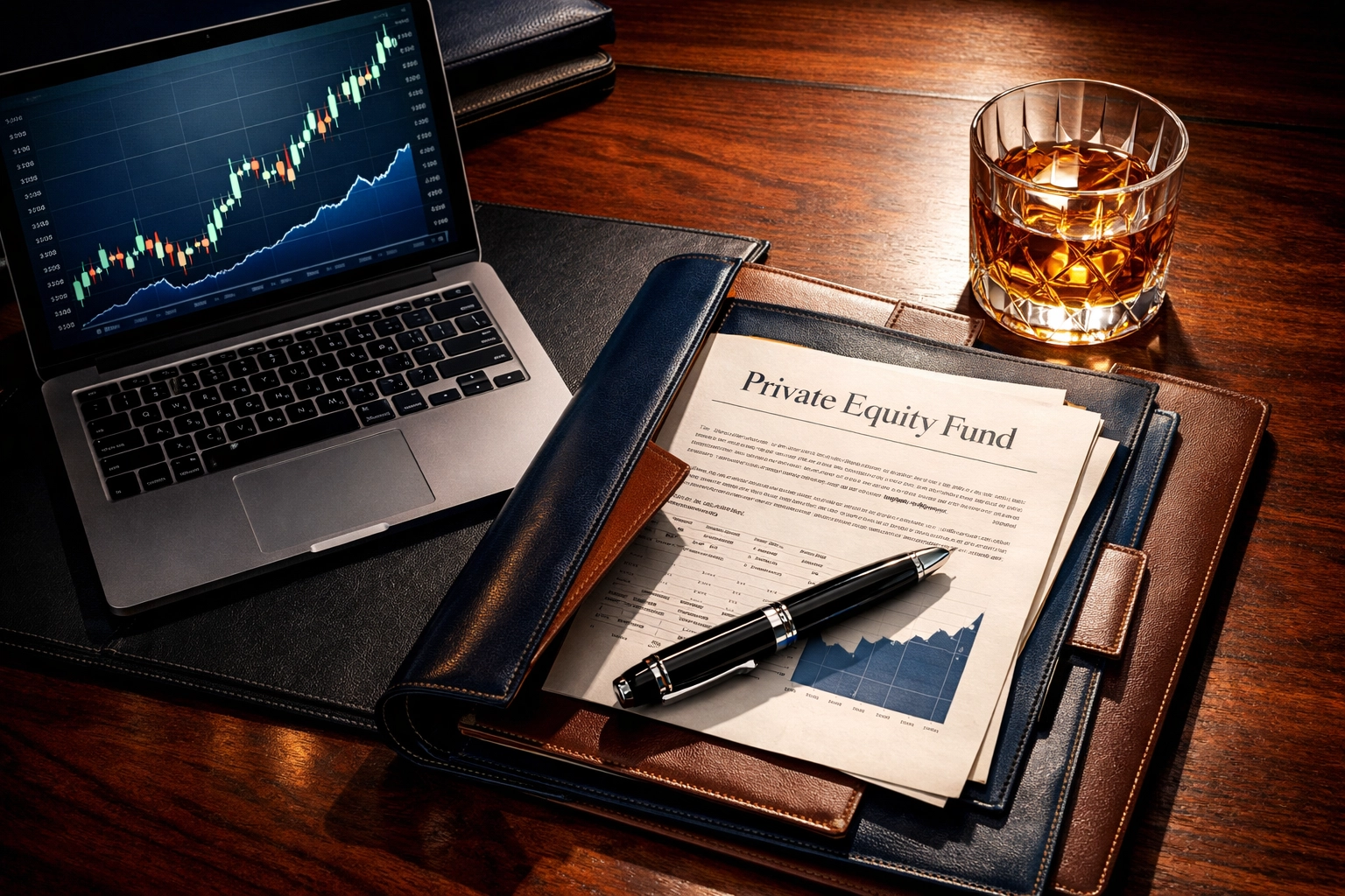 Private equity fund documents and financial growth charts on executive desk