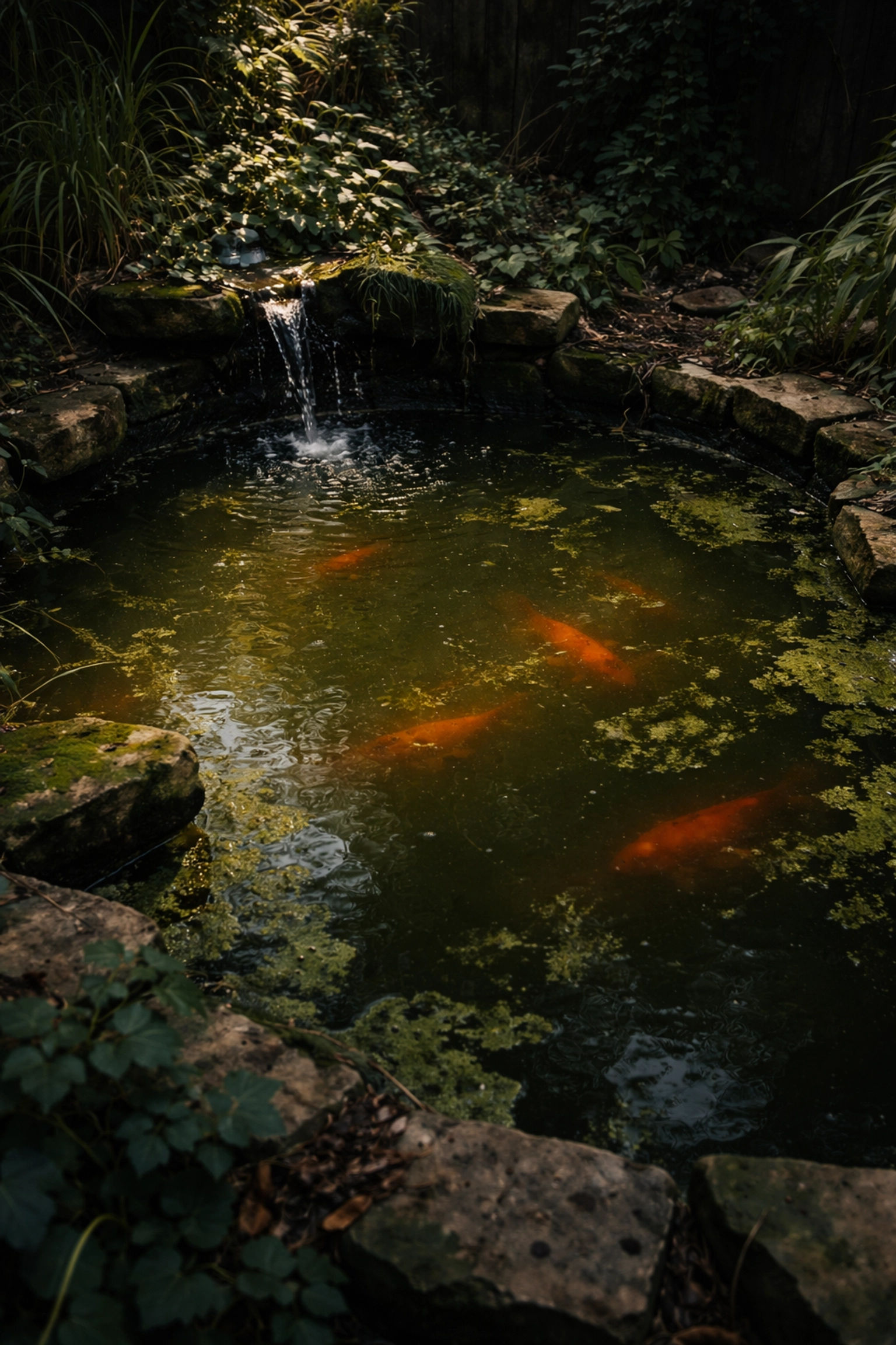 Neglected backyard koi pond with murky water and algae, highlighting need for regular pond maintenance service.