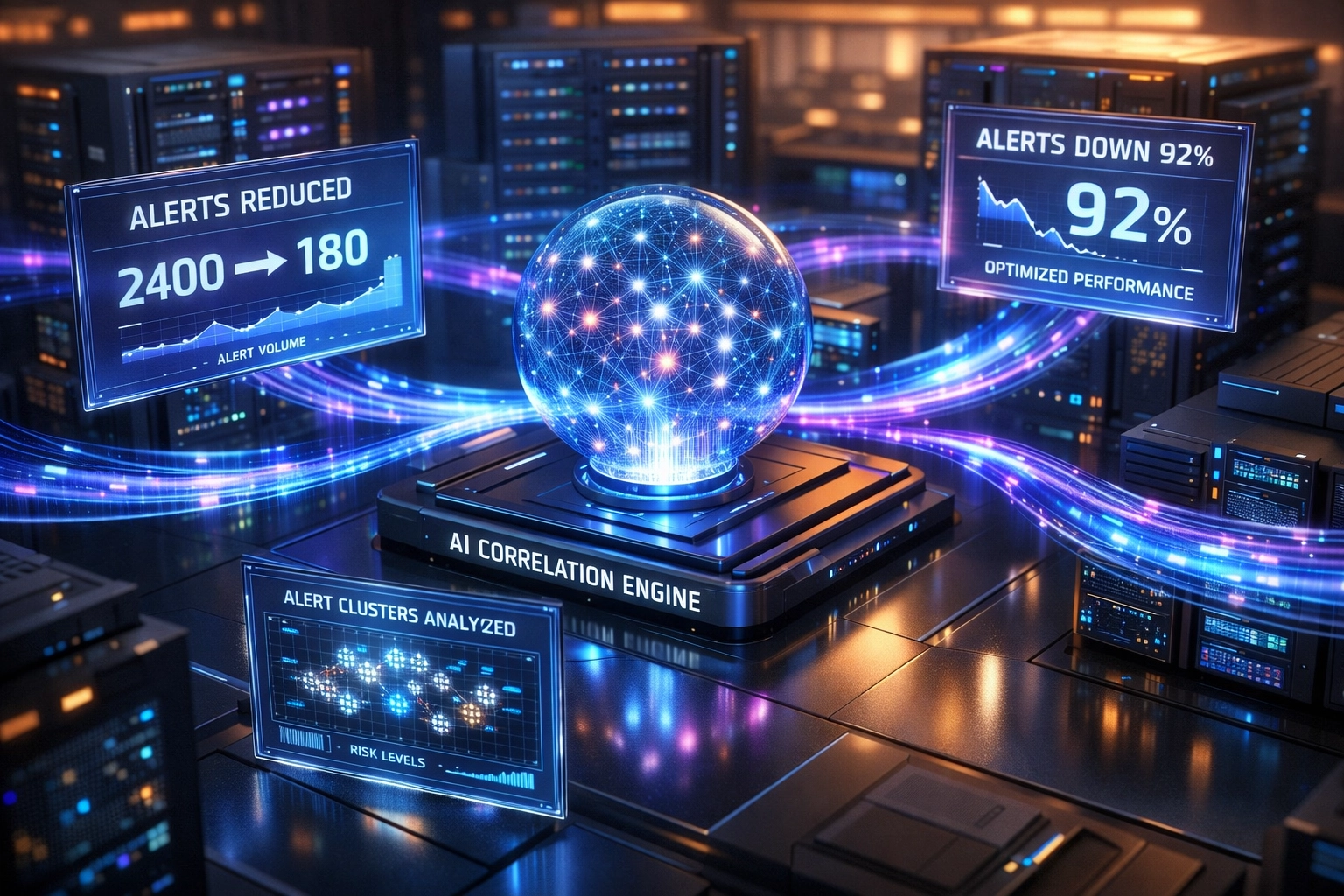 ServiceNow ITOM event management dashboard reducing alerts from 2400 to 180 with AI-powered correlation