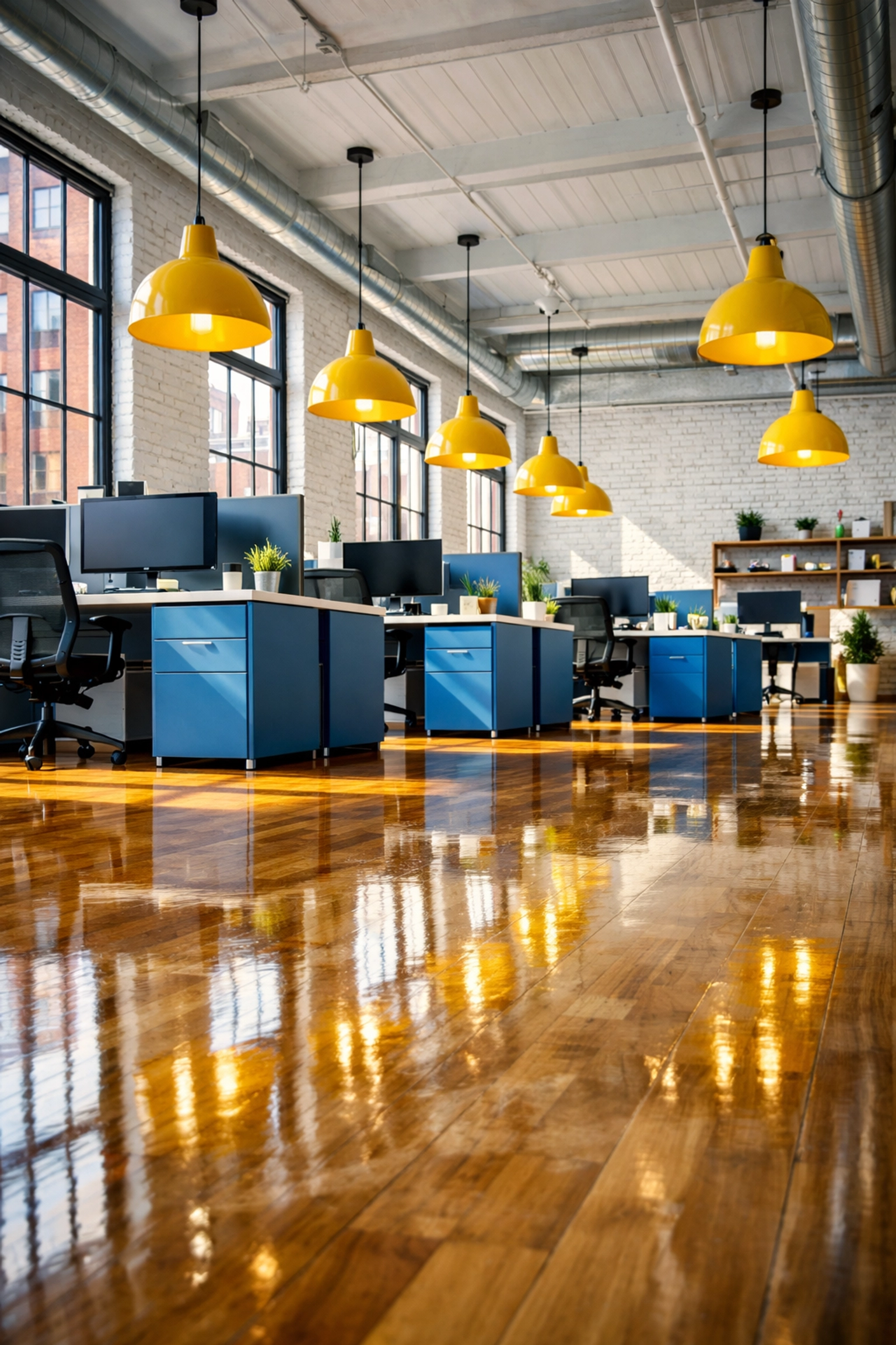 A spotless, sun-drenched office in the Worcester Canal District after professional cleaning services.