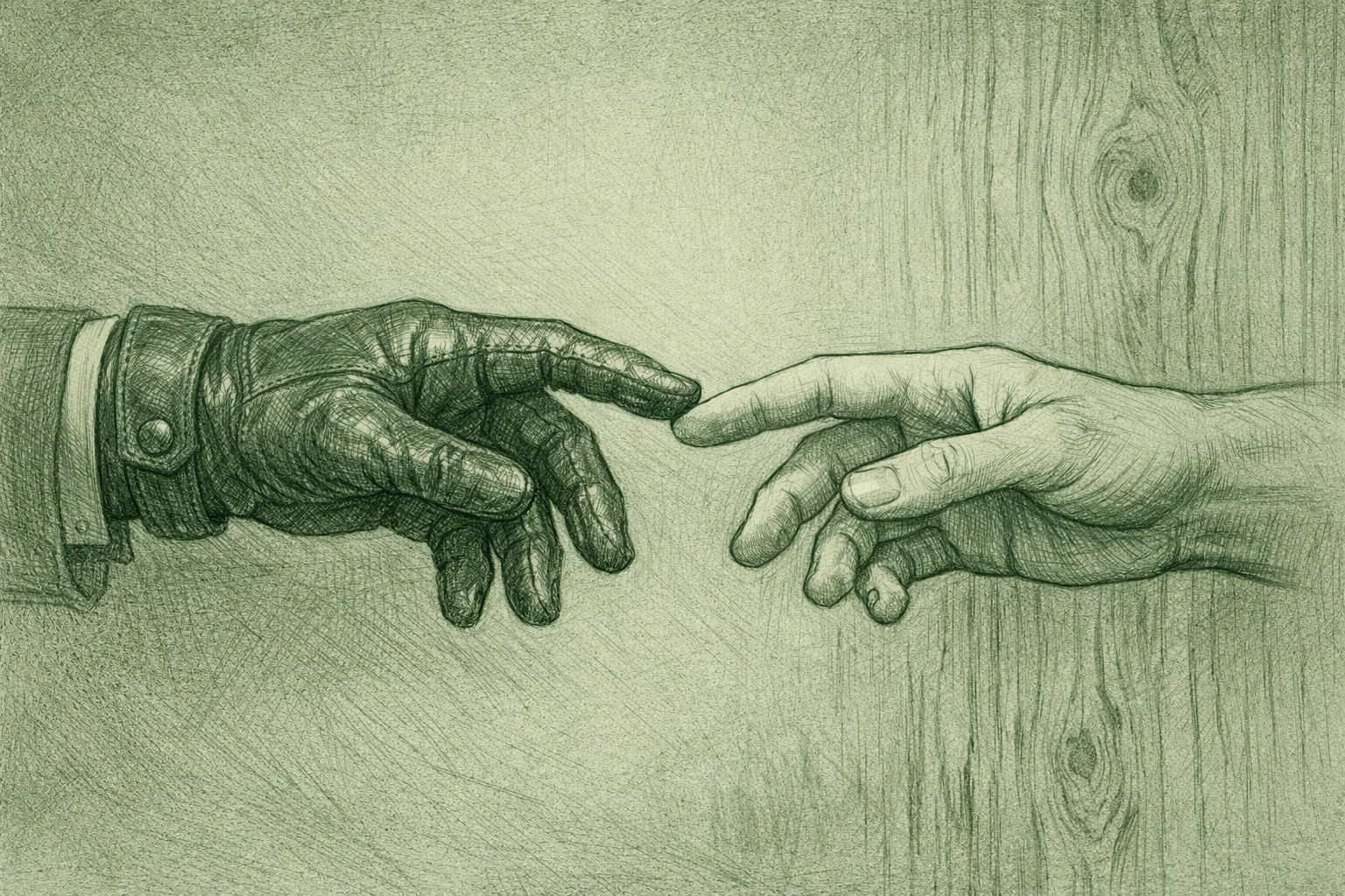 Hands reaching in trust showing intimacy in gay leather fetish romance