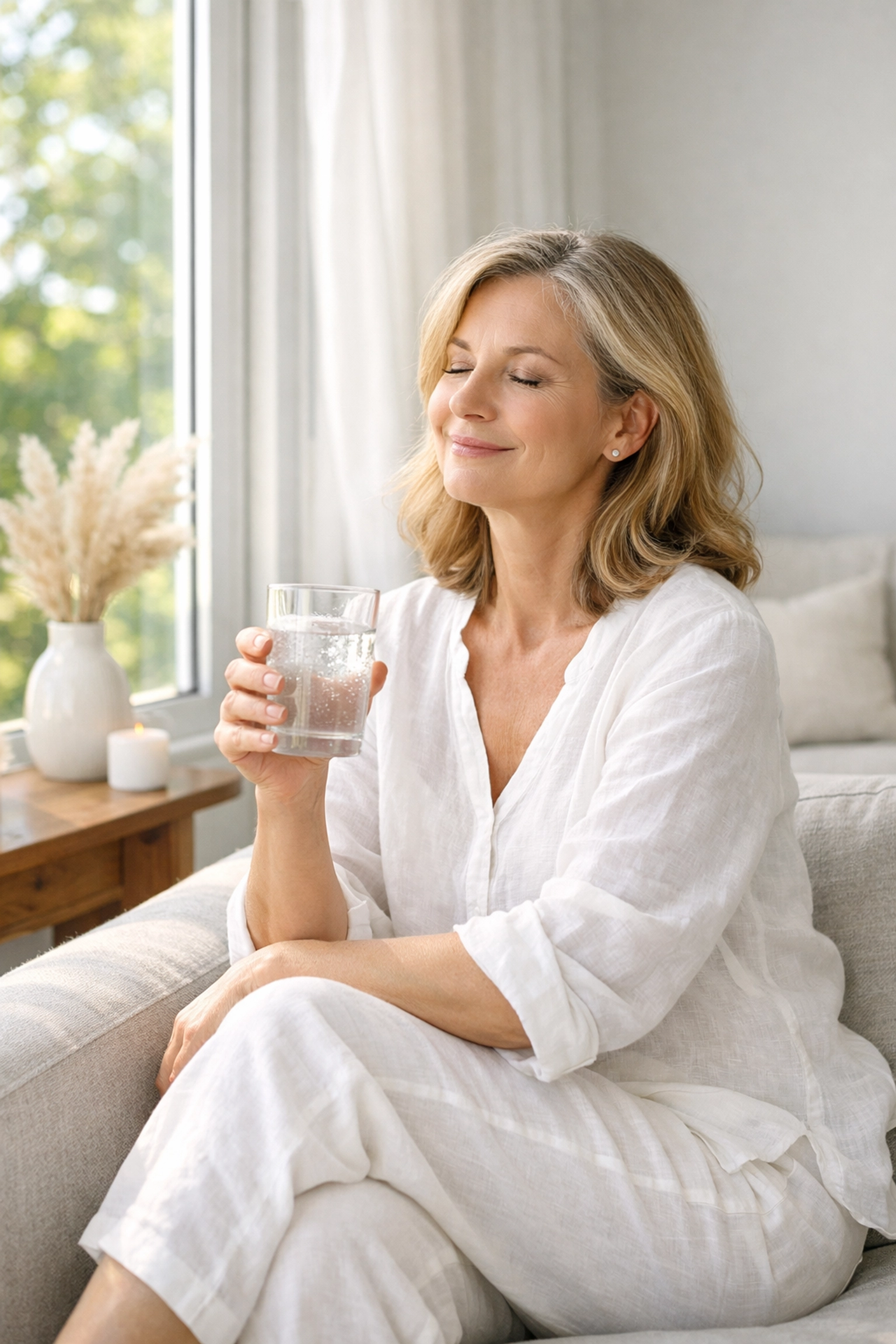 A serene woman experiencing hormonal balance and menopause relief through natural evening primrose oil support.