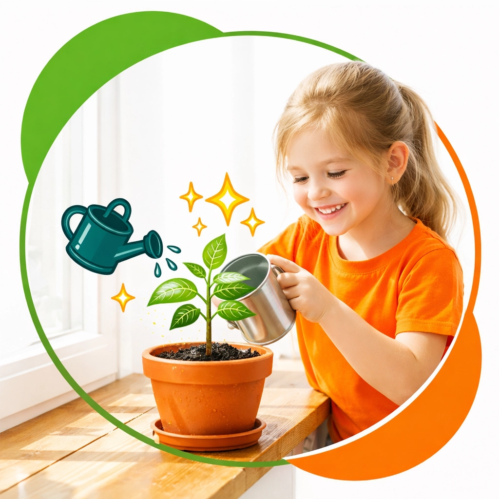 Young girl watering a plant representing stewardship and growth through the Complete Life Skills Platform.