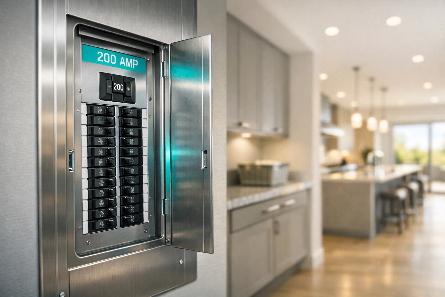 High-capacity 200-amp electrical panel replacement in a modern home to boost property resale value.