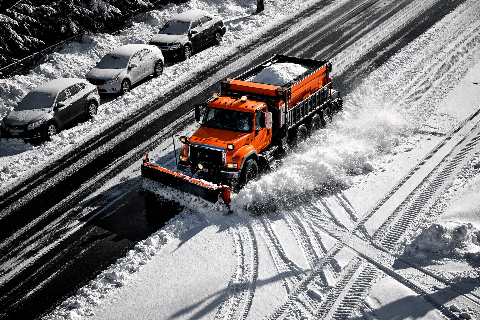 Snow plow clearing residential street during Edmonton winter parking ban