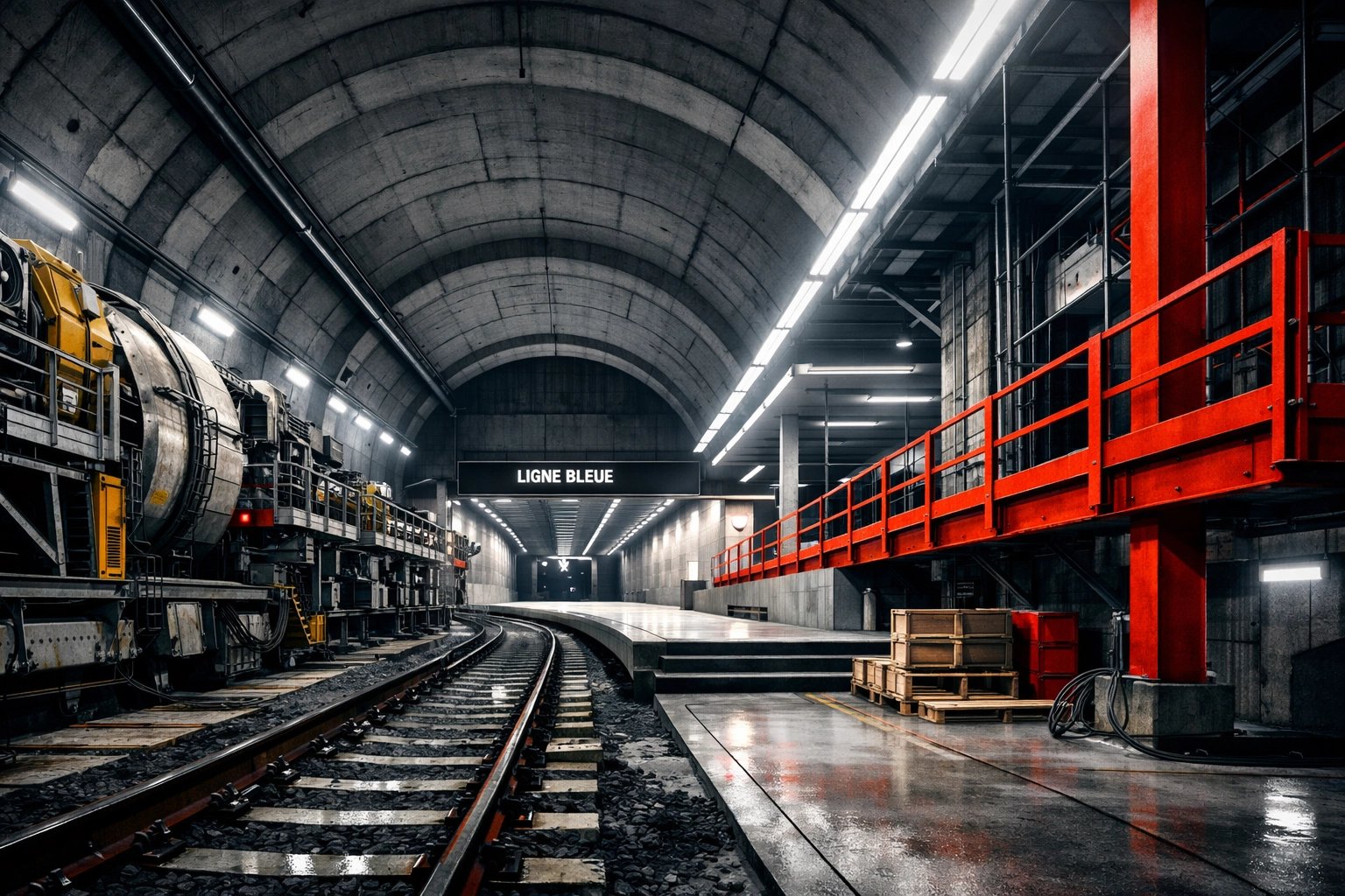 Construction site of the new Montreal metro Blue Line extension station and subway tunnel.