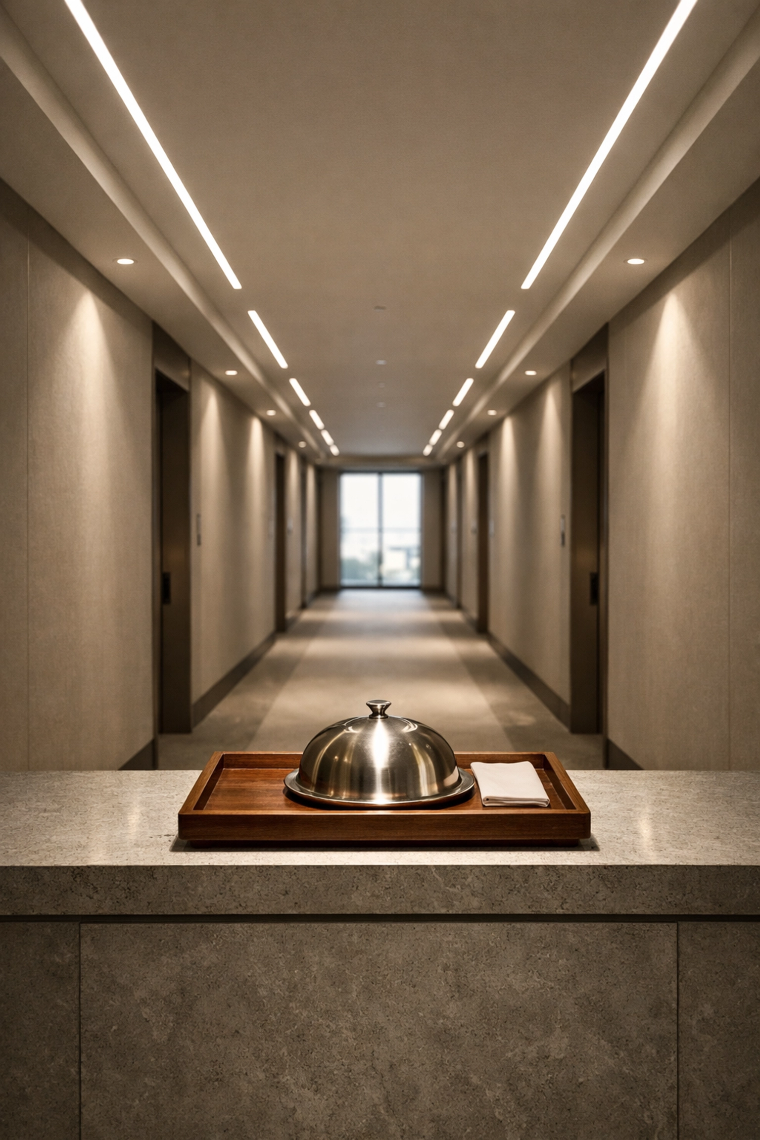 A sleek hotel hallway representing efficient staff planning and demand forecasting.