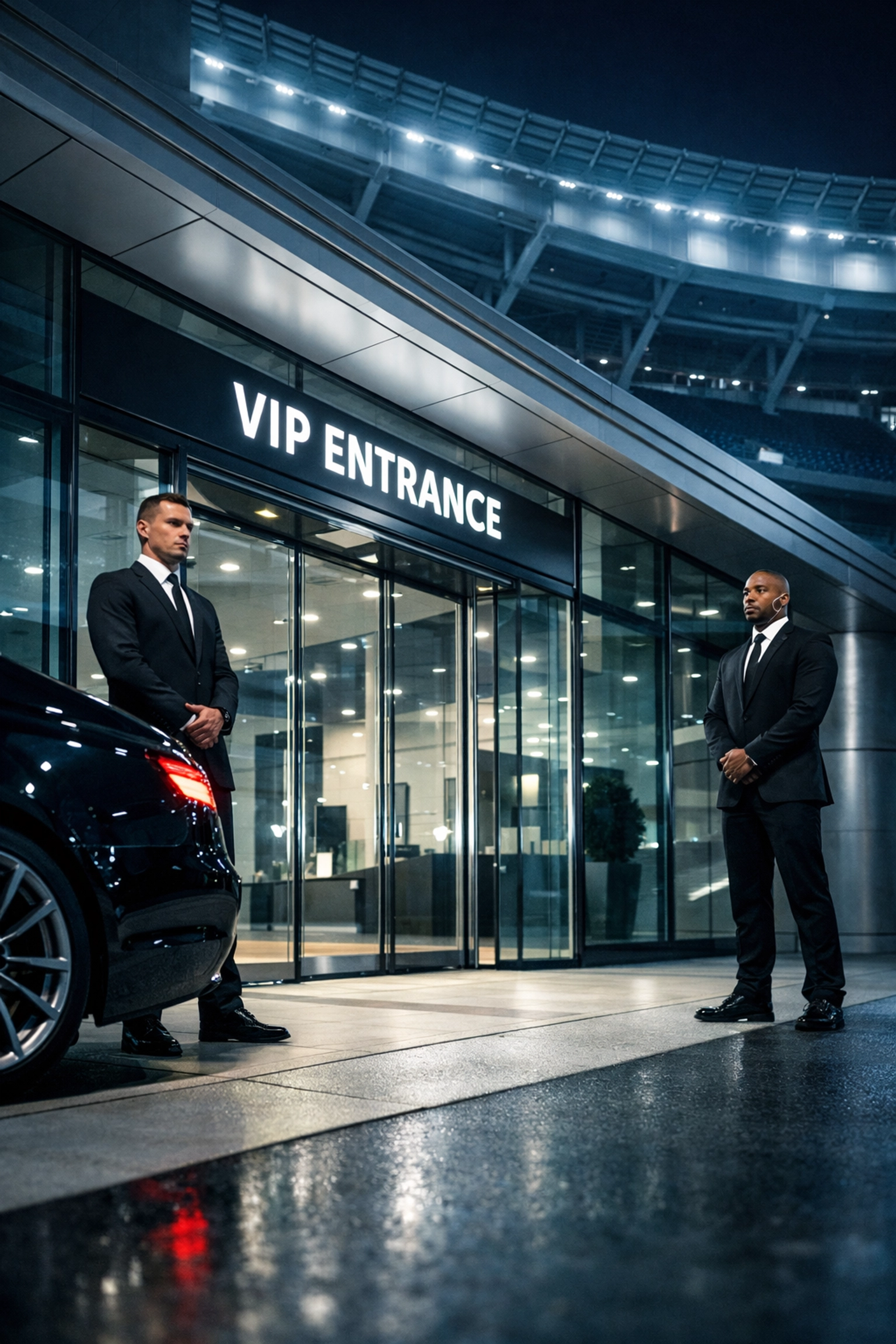 Professional security team at a private VIP stadium entrance for Super Bowl executive hosting.
