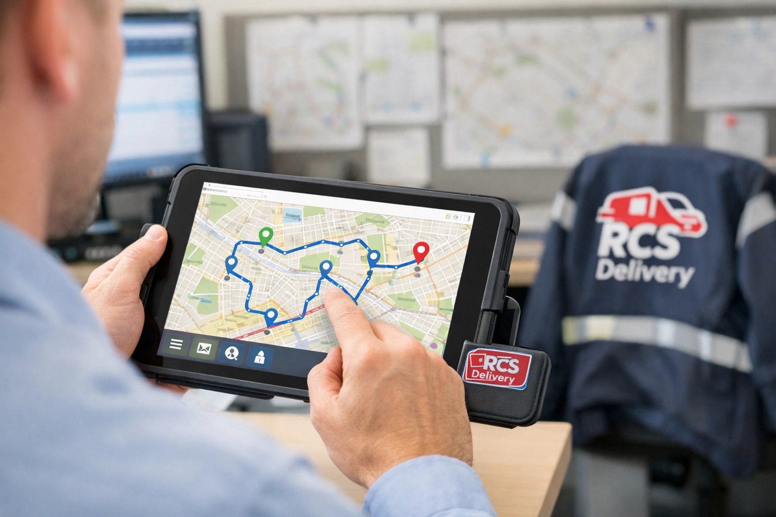 Logistics dispatcher tracking same day delivery routes on a tablet for efficient mail pick-up services.