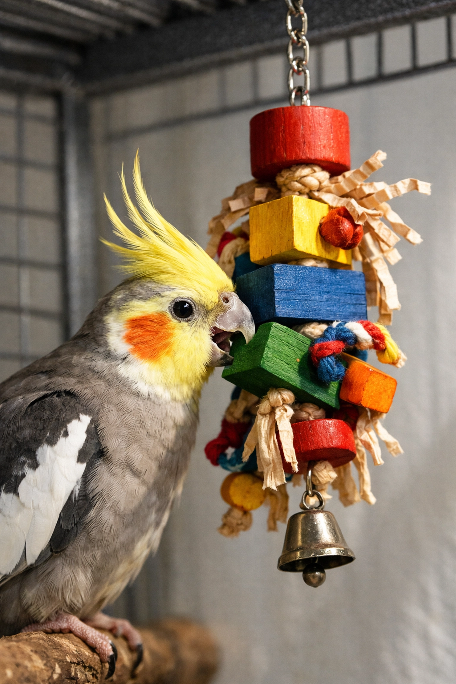 A Cockatiel playing with a colorful wooden foraging toy for cognitive stimulation and enrichment.