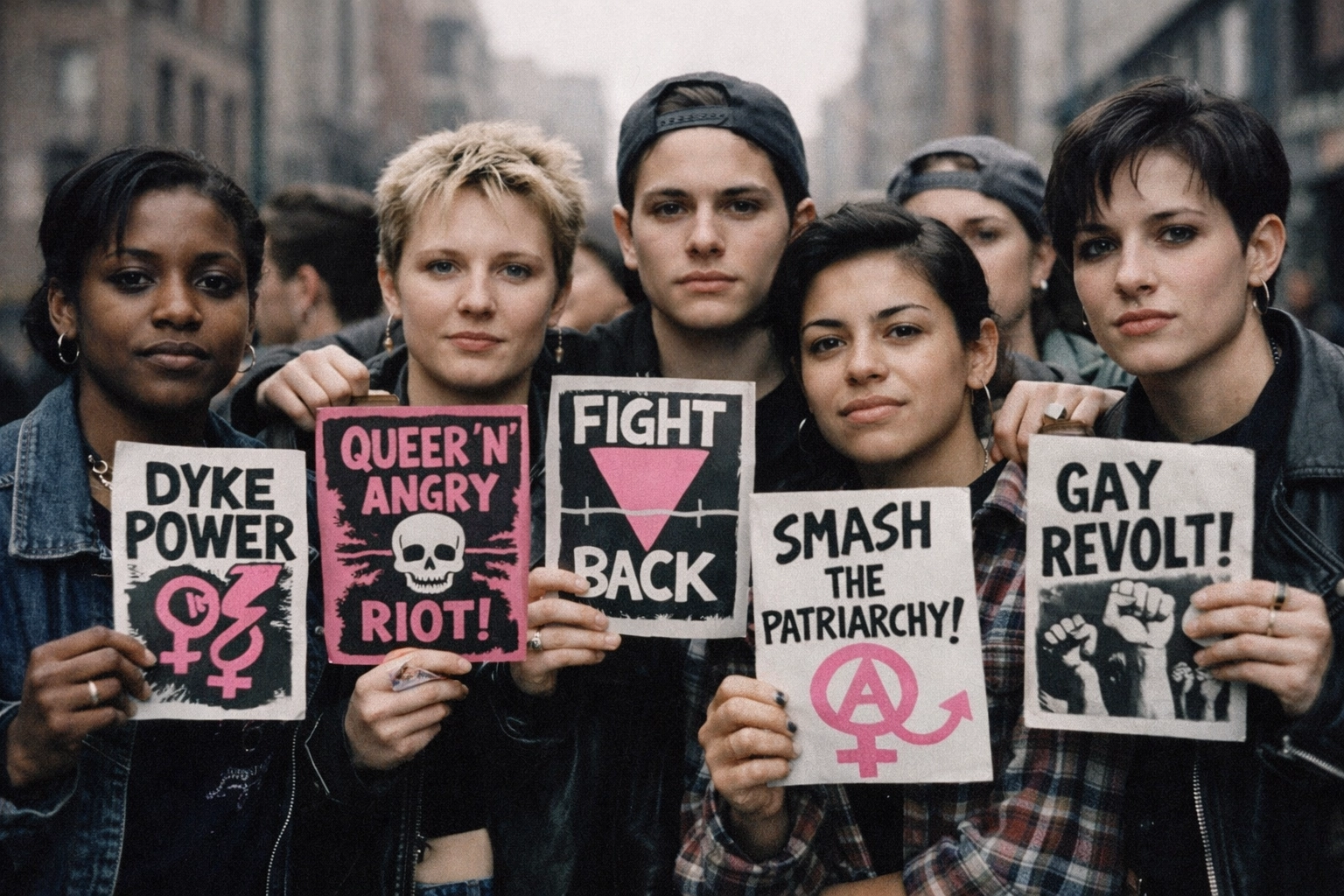 Diverse LGBTQ+ activists in the 1990s holding handmade zines and flyers during a protest.