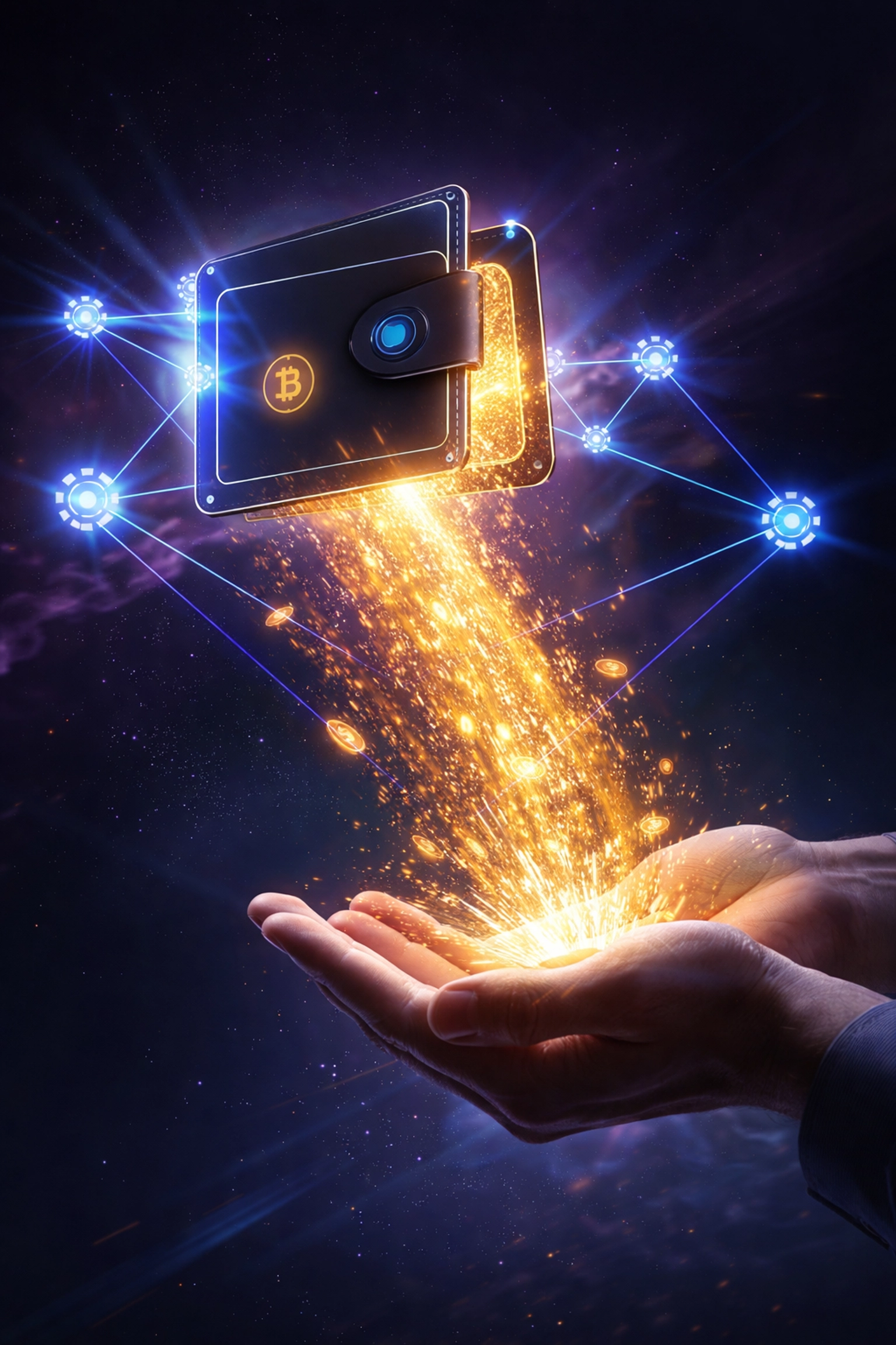 Digital wallet transferring crypto instantly to merchant hands, highlighting Larecoin’s self-custody payment model and interchange fee savings.