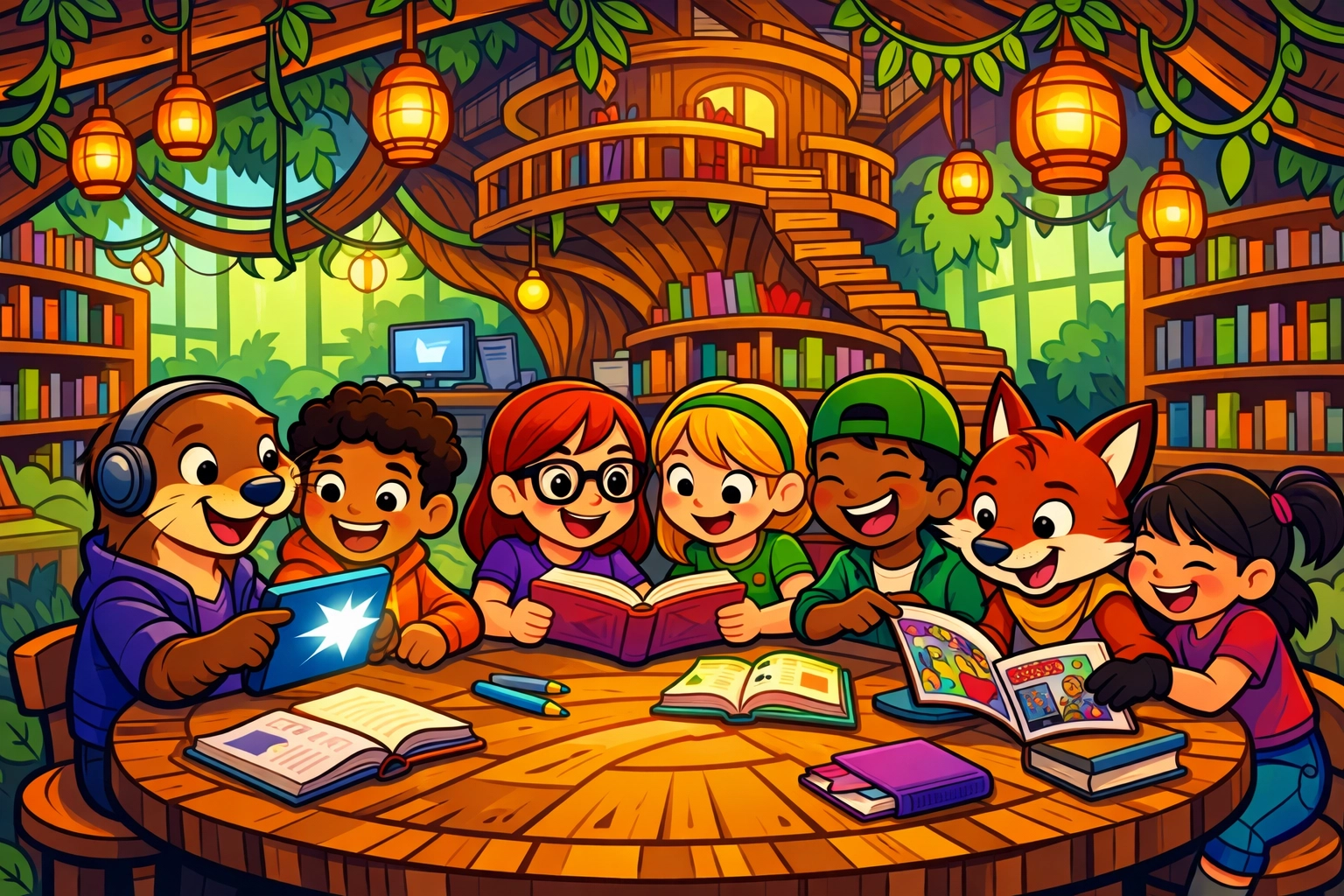 Diverse group collaborating in a modern, inclusive school library representing neurodiversity and teamwork.