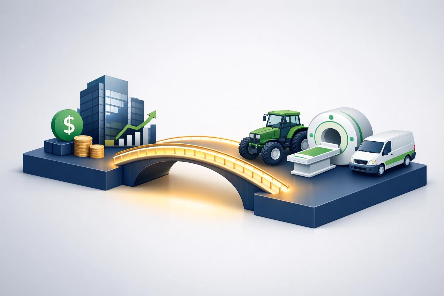 Concept showing a financial bridge to diverse business assets like tractors and medical machines.