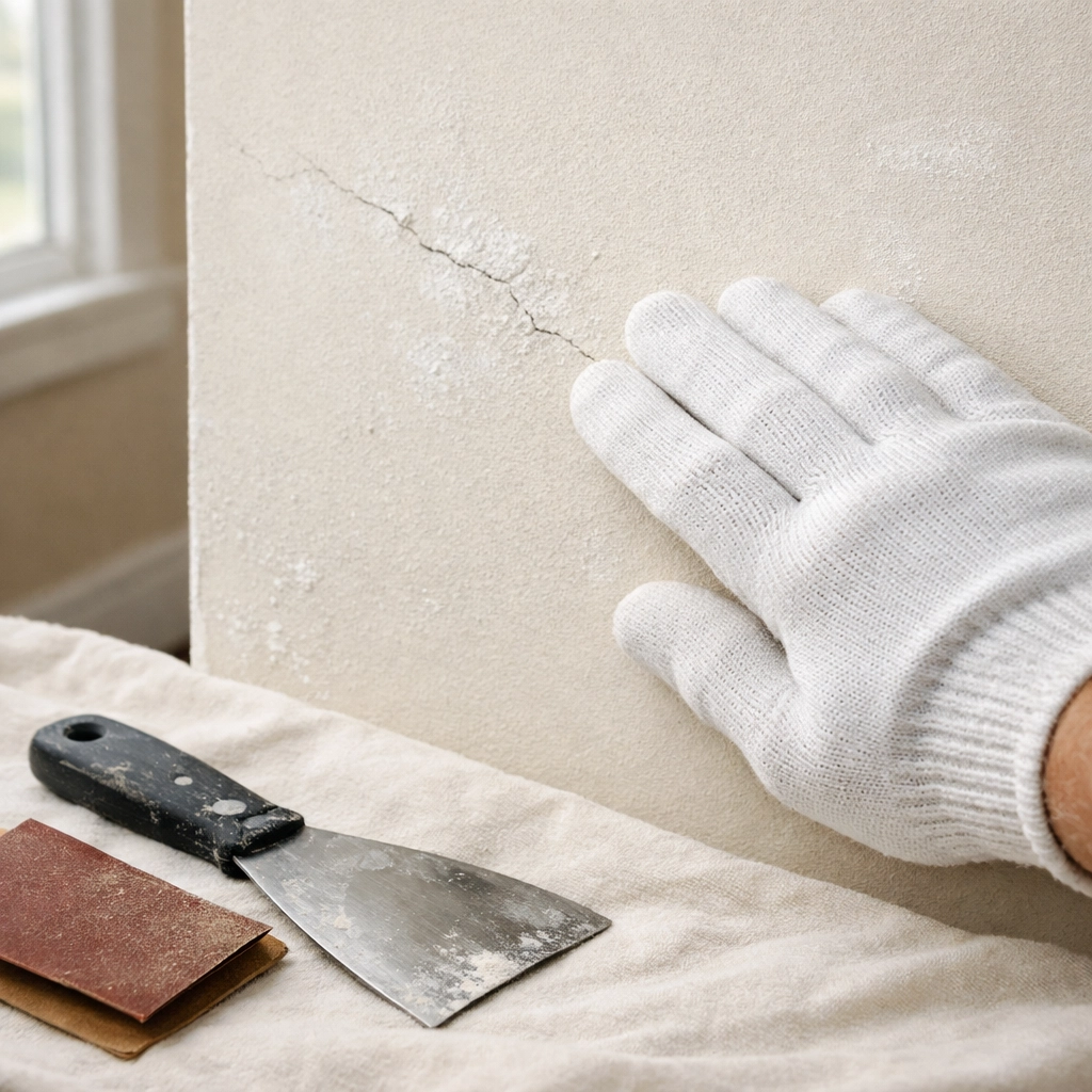 Professional wall inspection showing imperfections before interior painting Orlando project