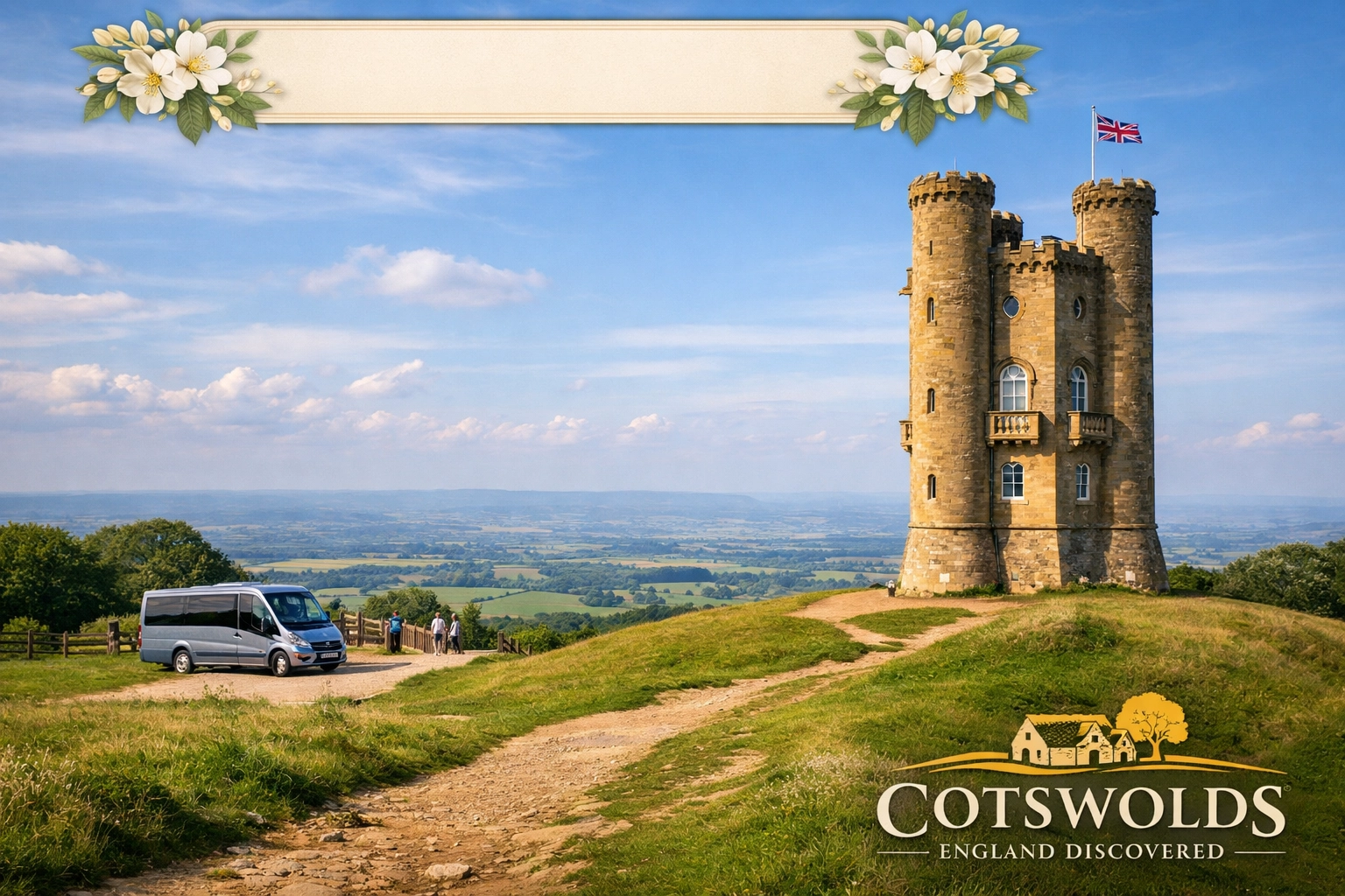 The historic Broadway Tower folly overlooking the Cotswold countryside with a tour minibus nearby.