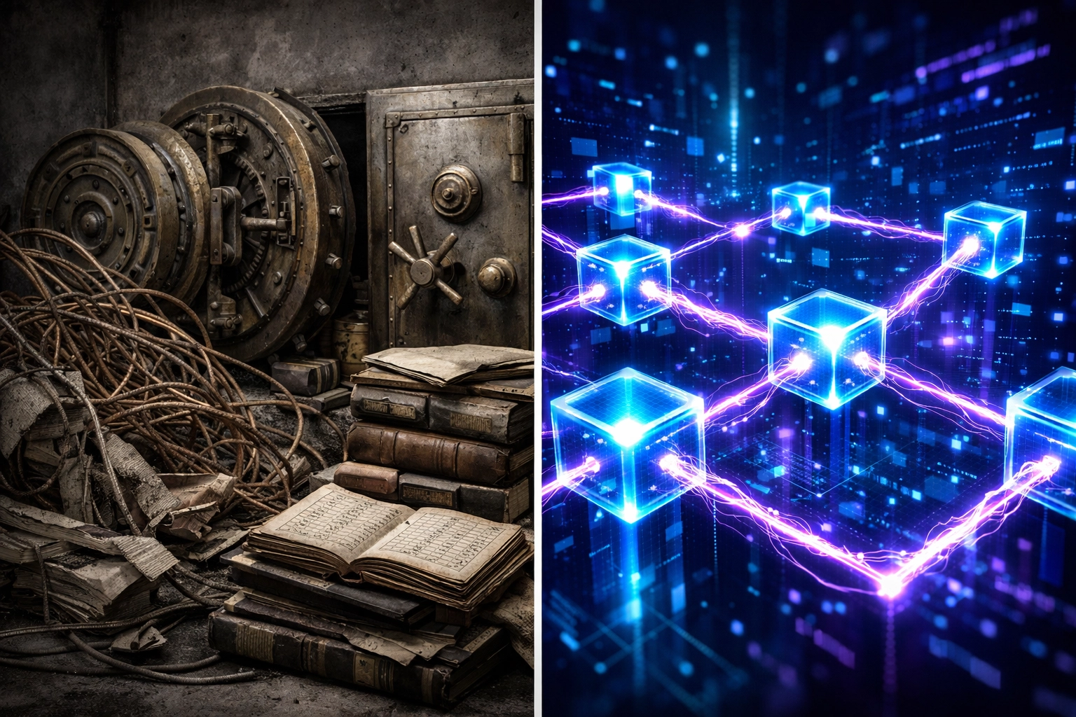 Comparison of traditional payment infrastructure versus modern blockchain payment network