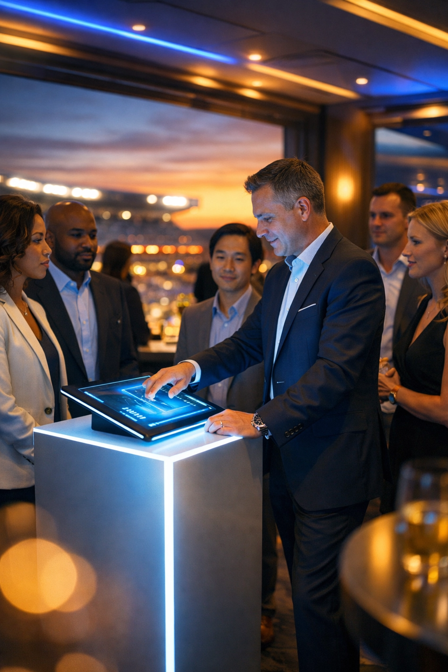 Professionals engaging with a high-tech brand activation in a luxury lounge for Super Bowl marketing success.