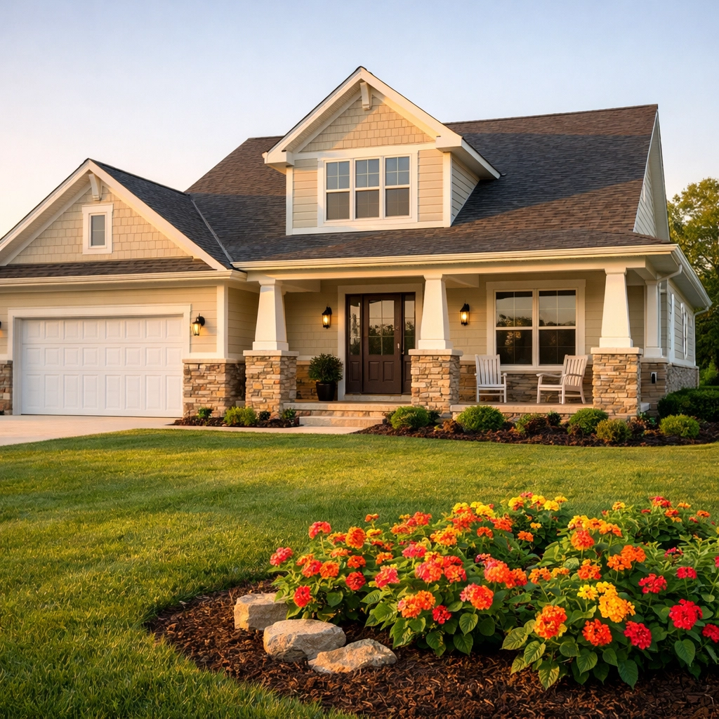 Modern site-built home exterior with stone accents and a green lawn, offering high-quality value.