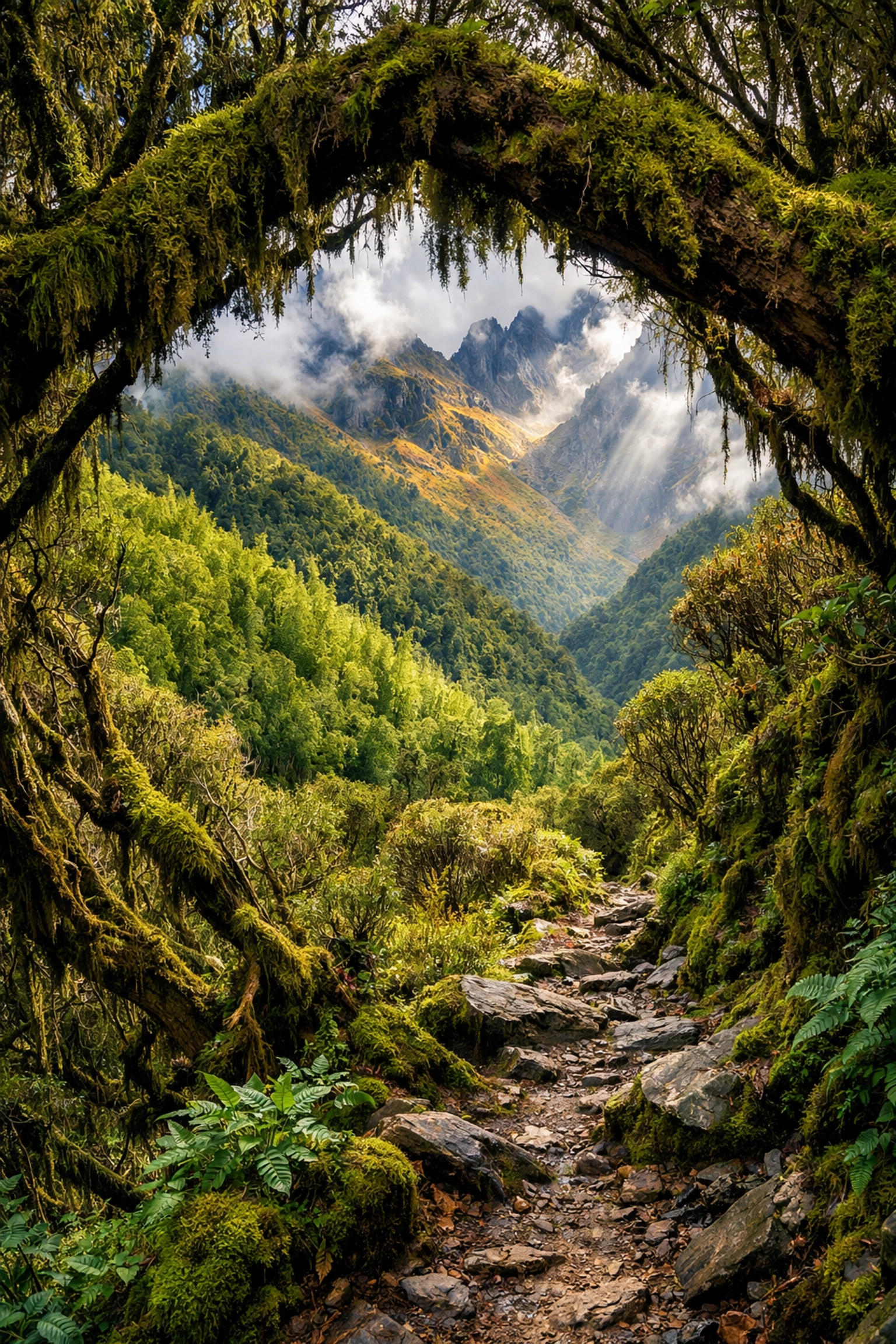 Vegetation zones transition on Rwenzori Mountains trek from forest to alpine meadows