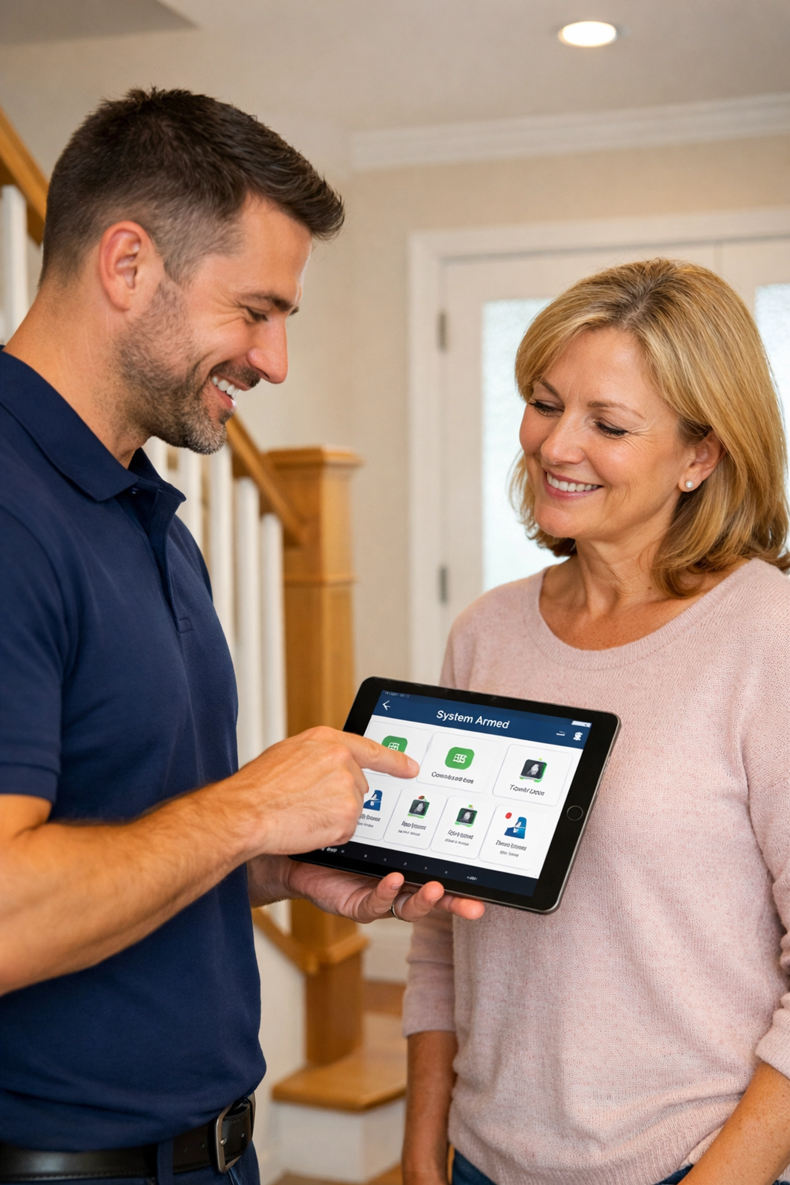 A security consultant showing a homeowner the smart security app on a tablet during a home survey.