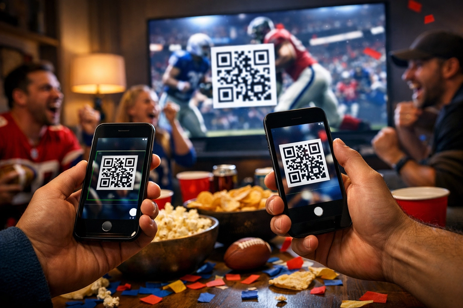 Group of friends scanning a QR code on a television for interactive Super Bowl marketing rewards.